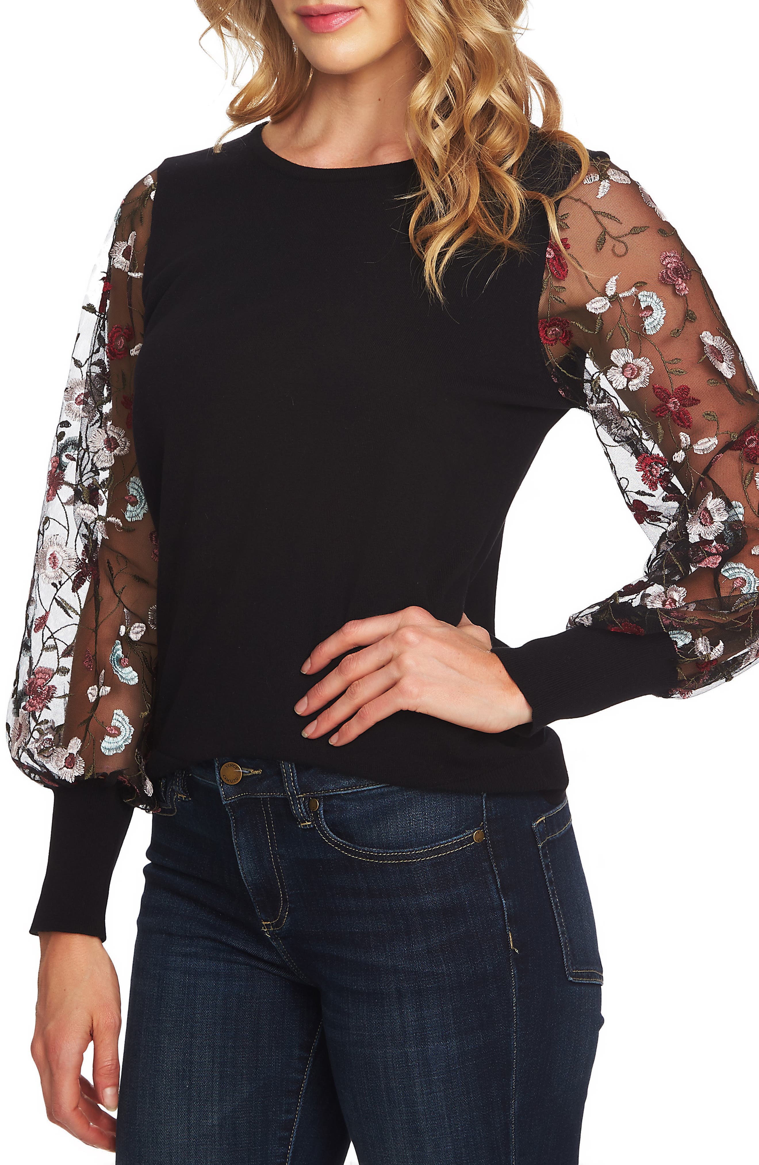 CeCe Embroidered Sleeve Sweater Nordstrom