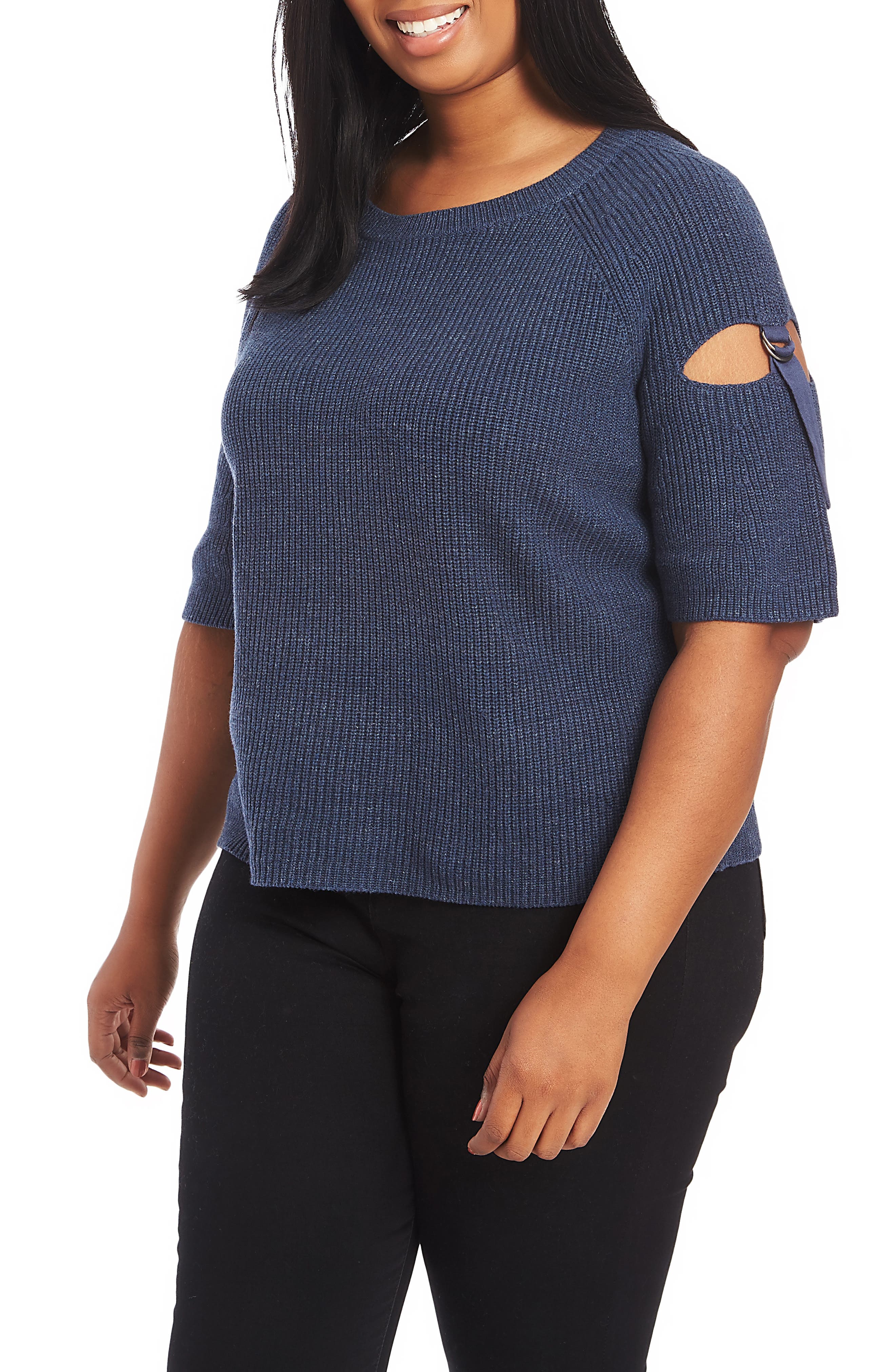 Plus Size 1.state Keyhole Cutout Sleeve Sweater, Blue