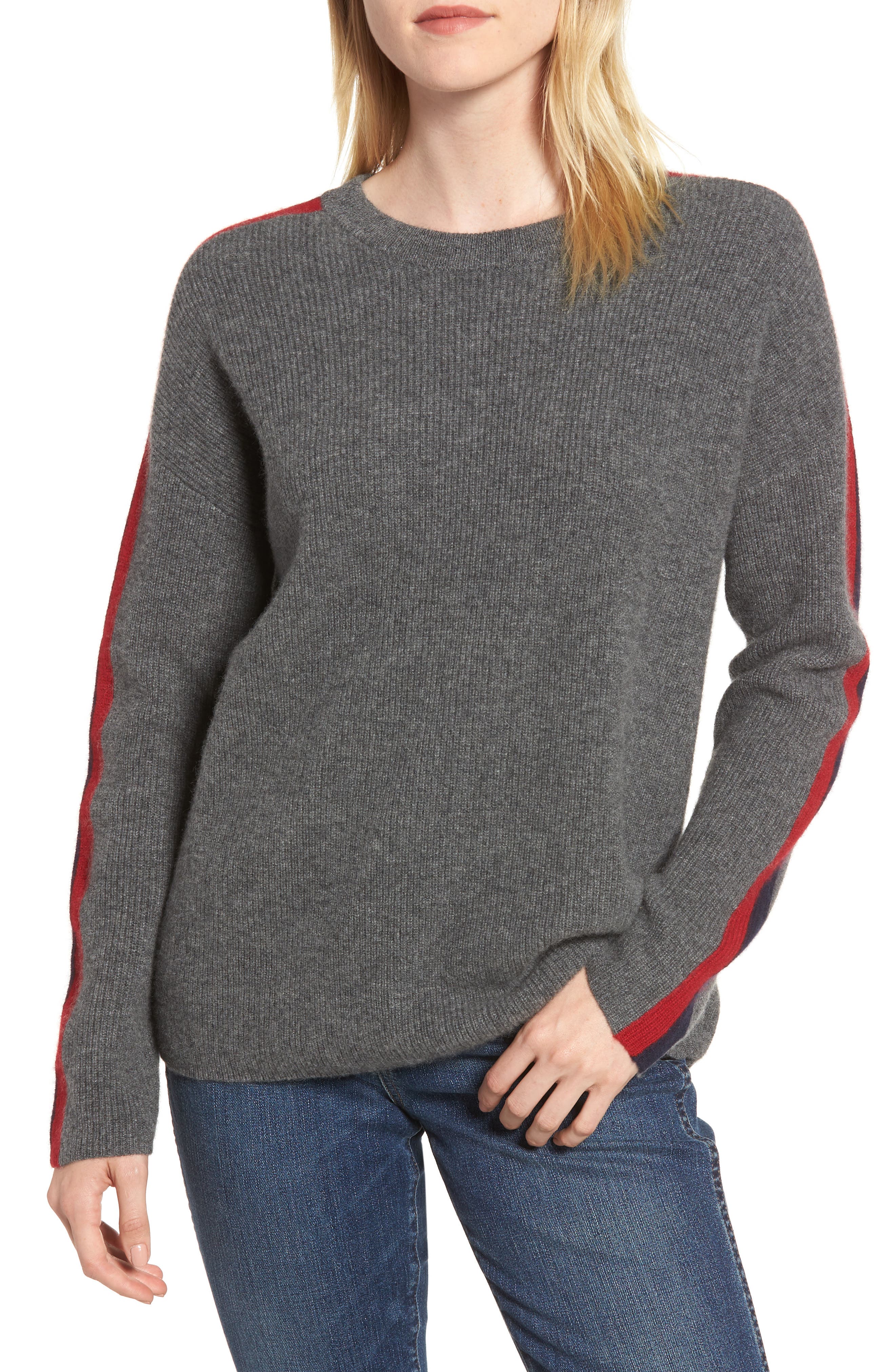 Velvet By Graham & Spencer Stripe Sleeve Cashmere Sweater, Grey