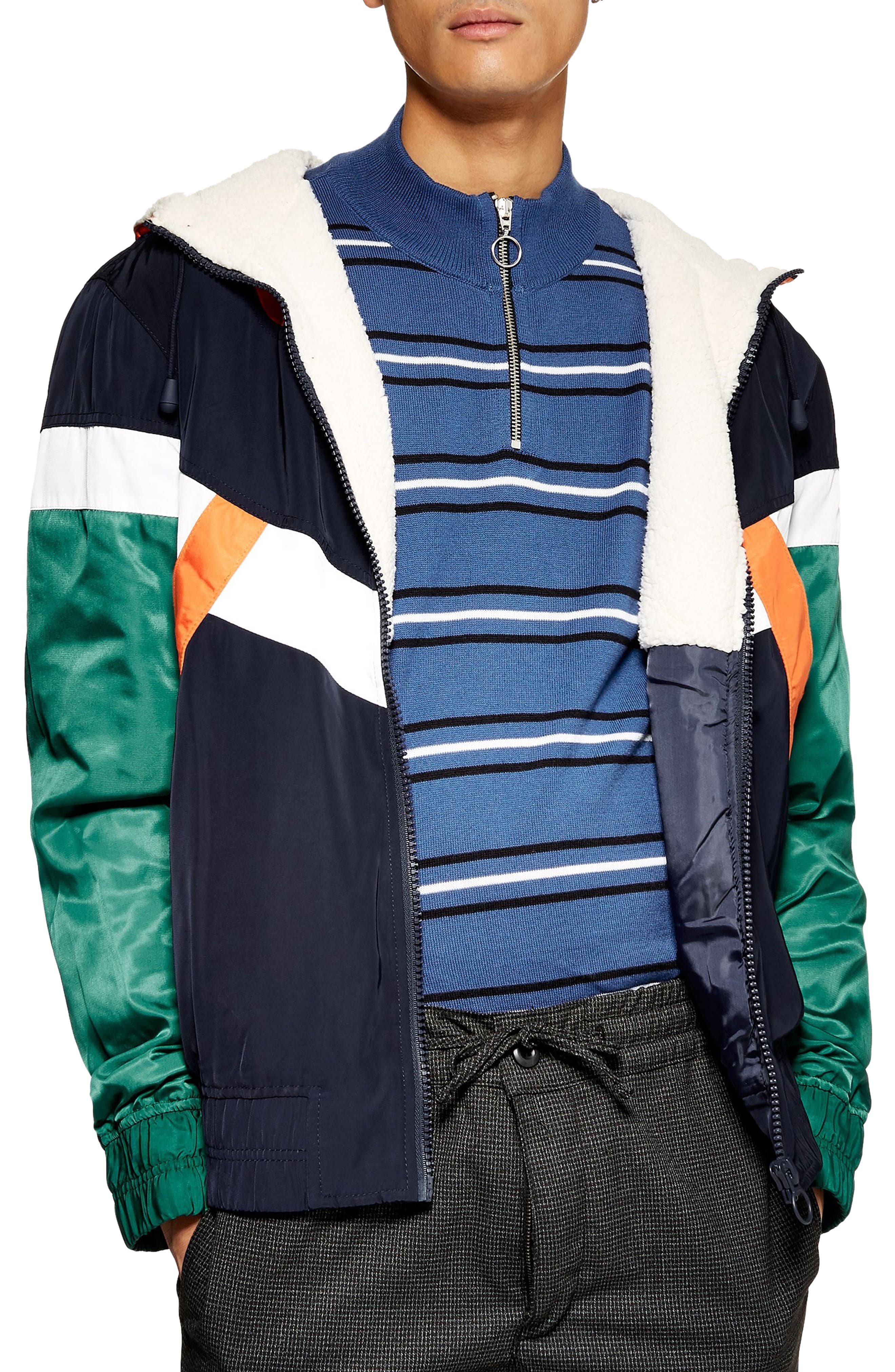 Topman Fleece Lined Hooded Track Jacket, Blue