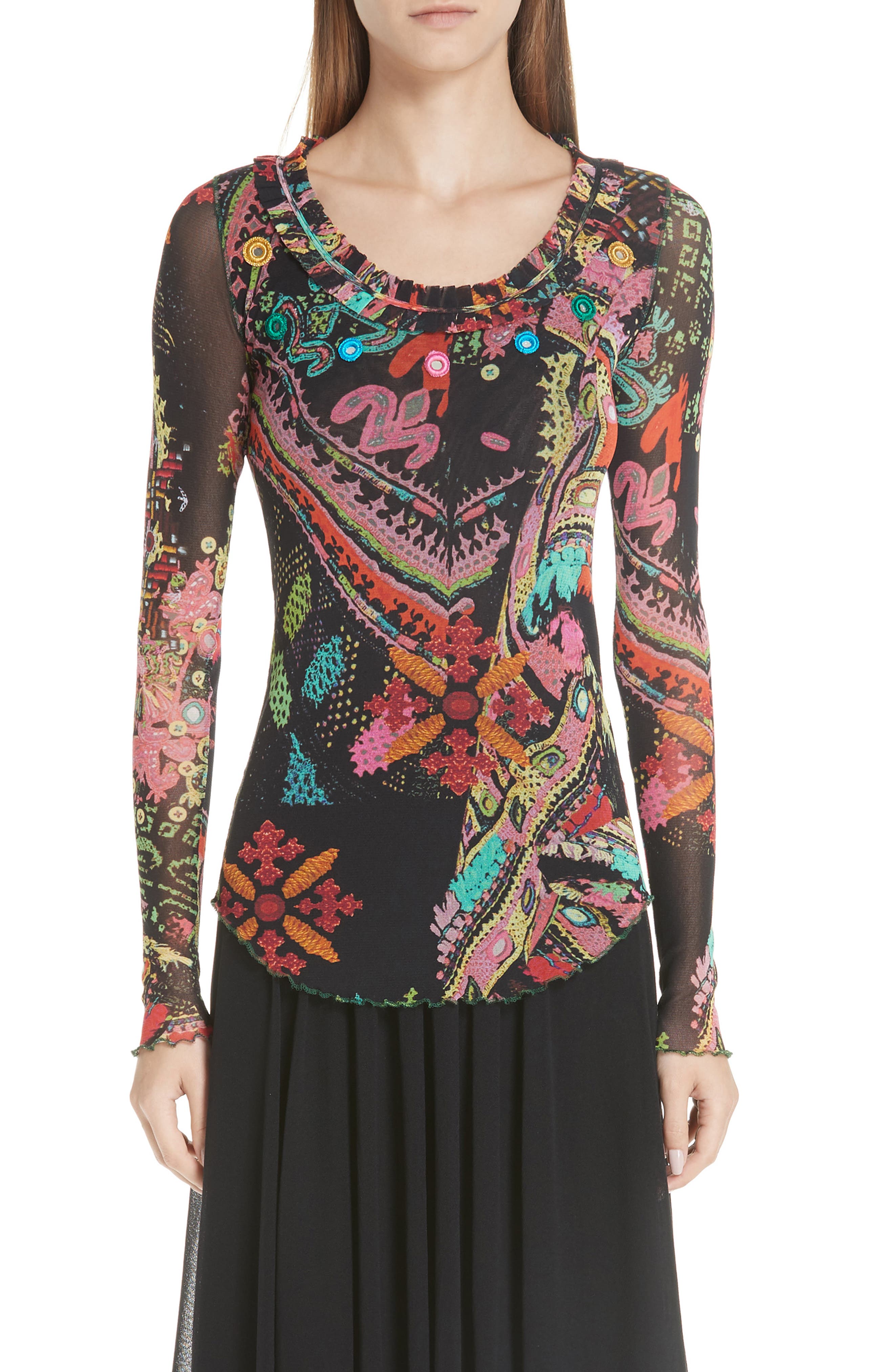 Fuzzi Print Ruffle Tulle Top, Black