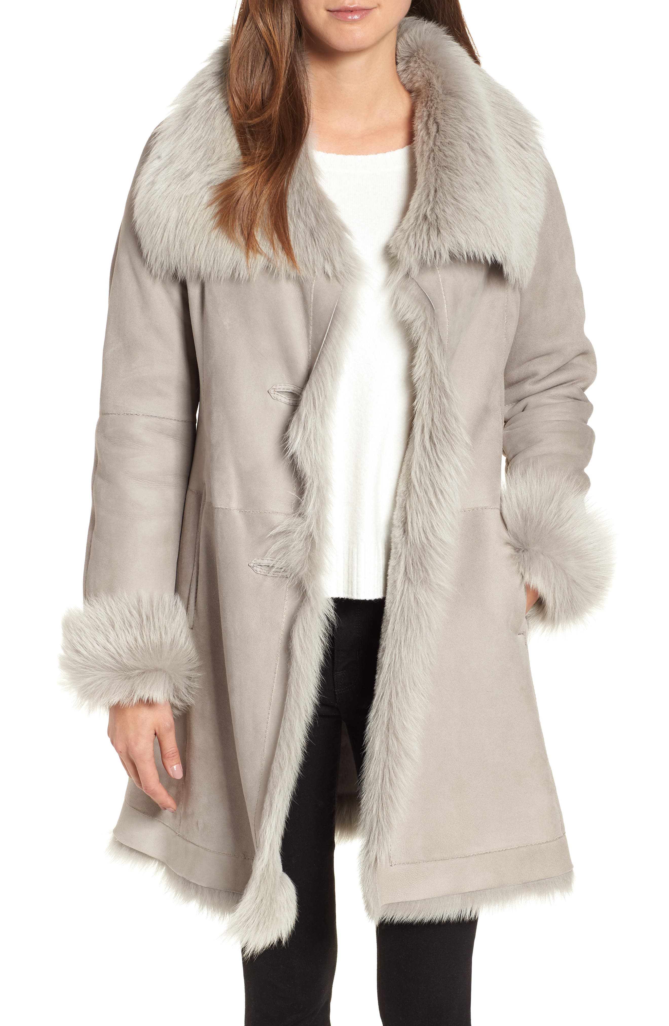 Hiso Toscana Genuine Doubleface Lambskin Shearling Trimmed Coat, Grey