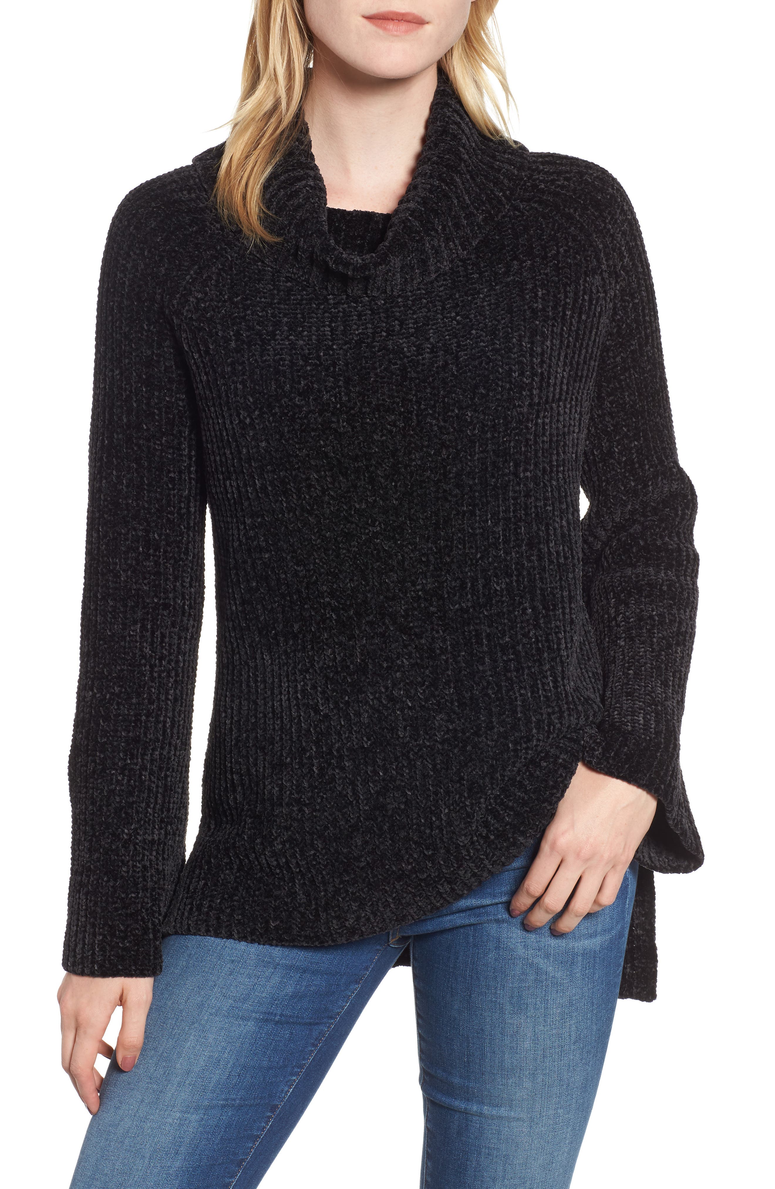 Lucky Brand Cowl Neck Chenille Sweater, Black