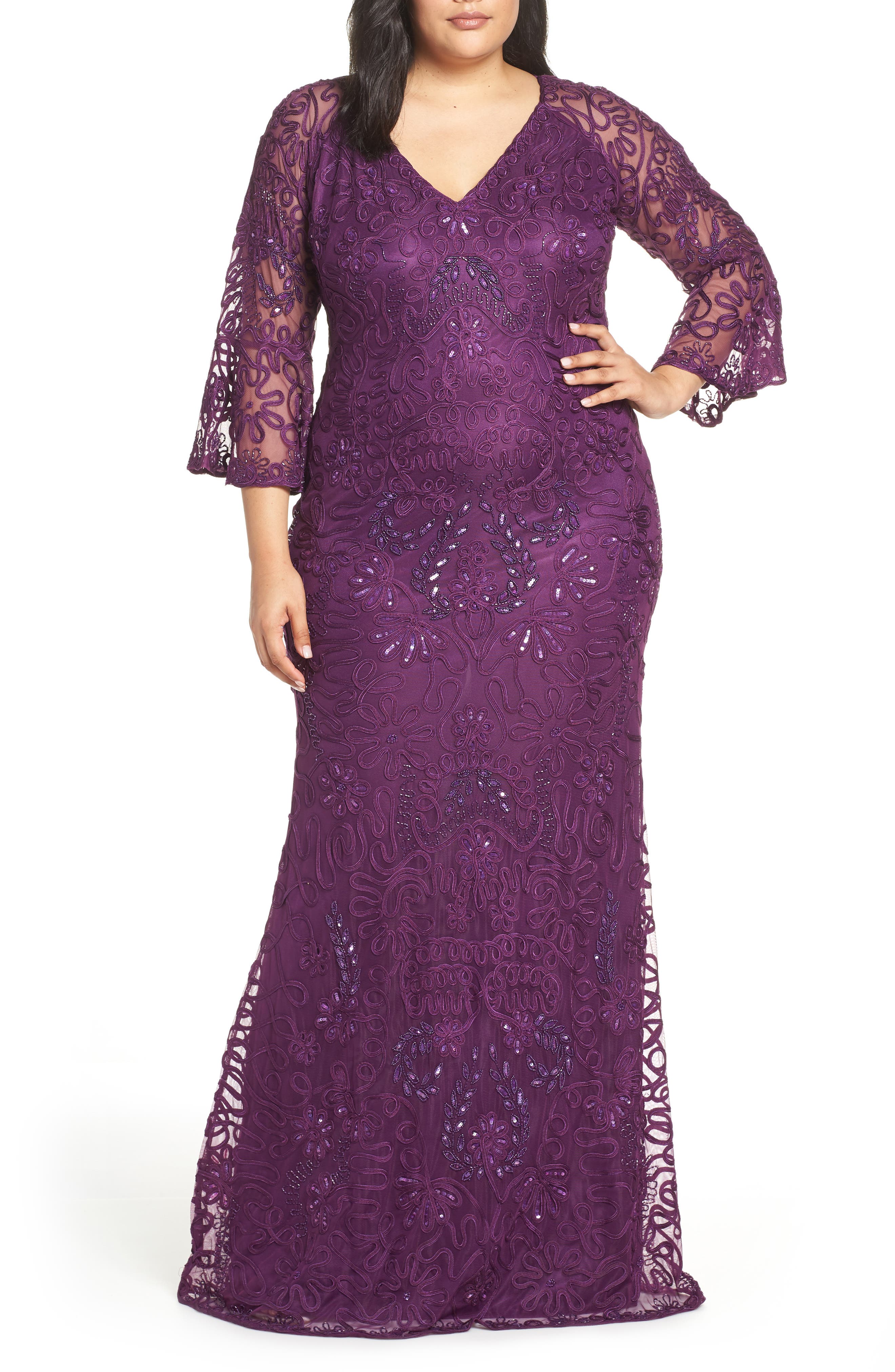 Plus Size Js Collections Bell Sleeve Bead & Soutache Gown, Purple