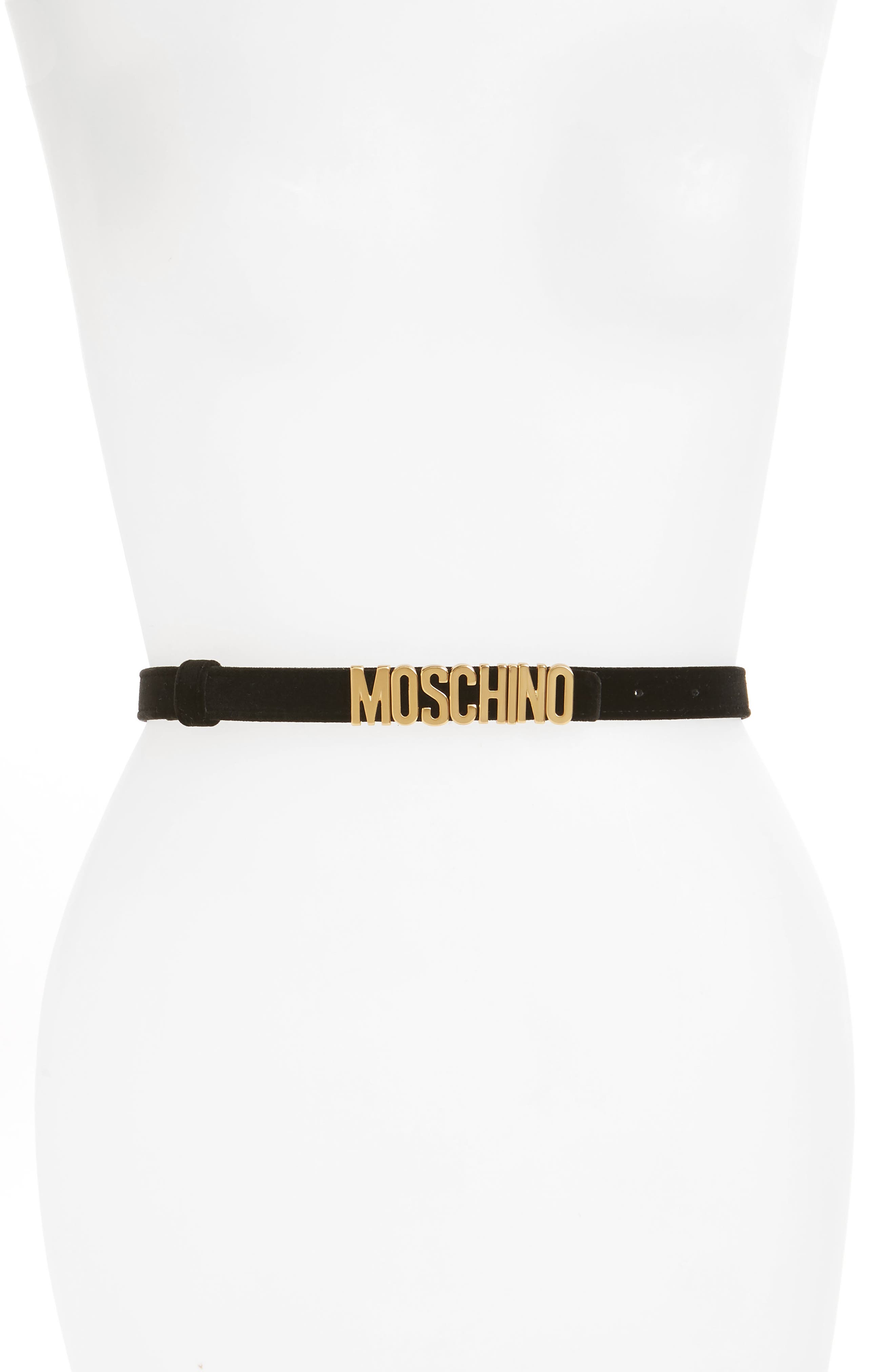 Moschino Logo Plate Skinny Velvet Belt, Black With Gold