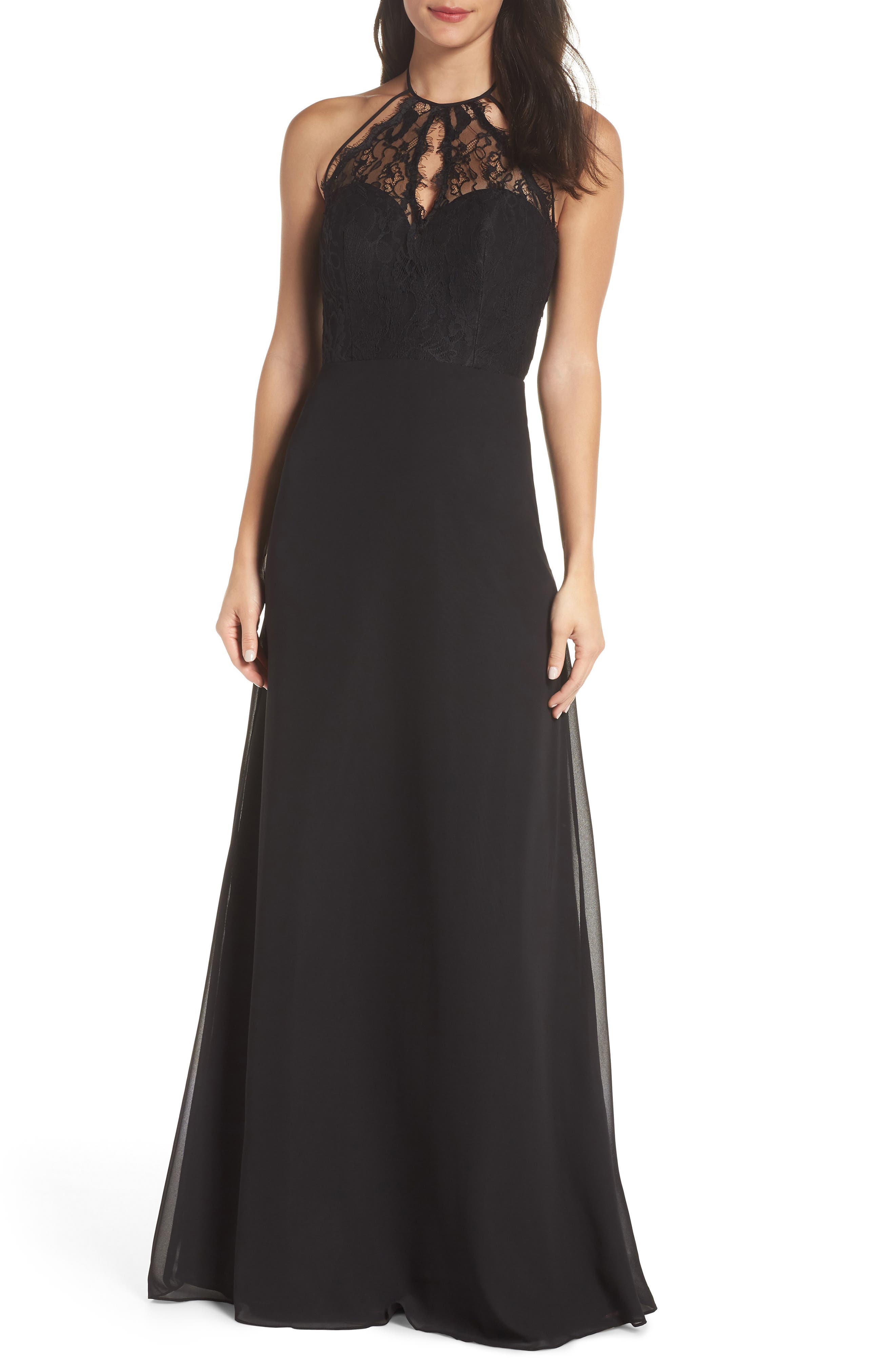 Hayley Paige Occasions Lace & Chiffon Halter Gown