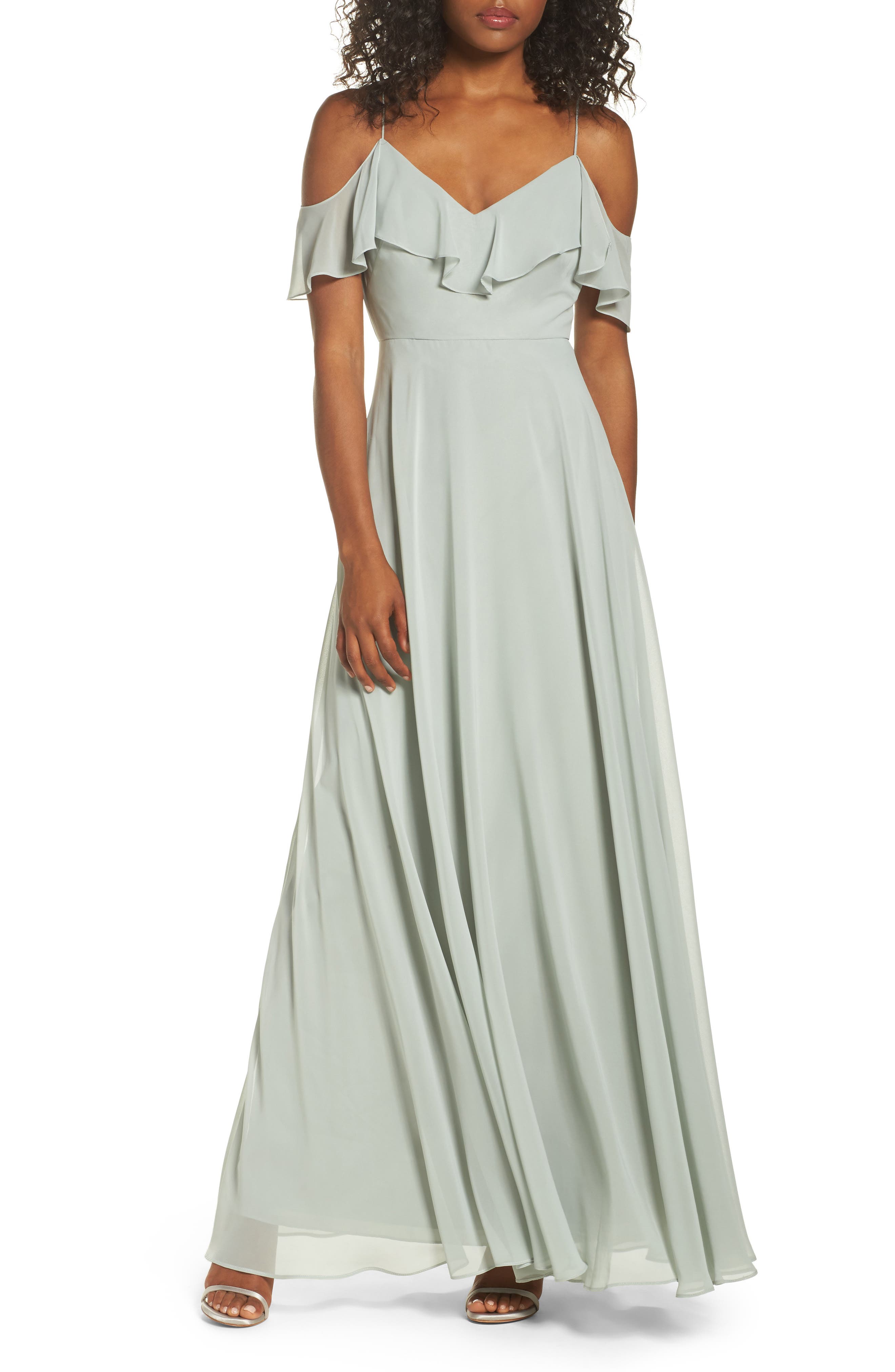 Jenny Yoo Cold Shoulder Chiffon Gown