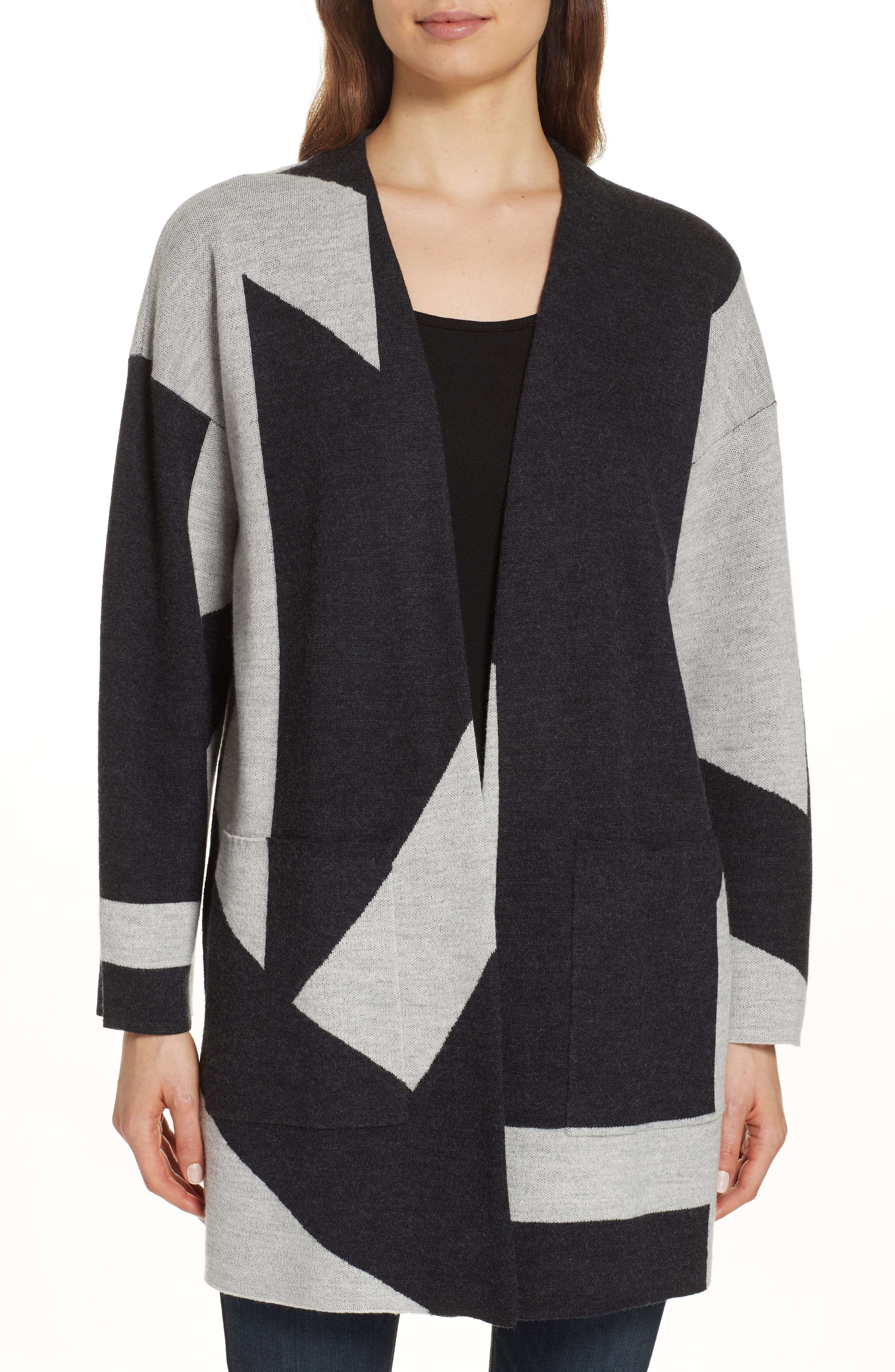 Eileen Fisher Colorblock Merino Wool Kimono Cardigan, Grey