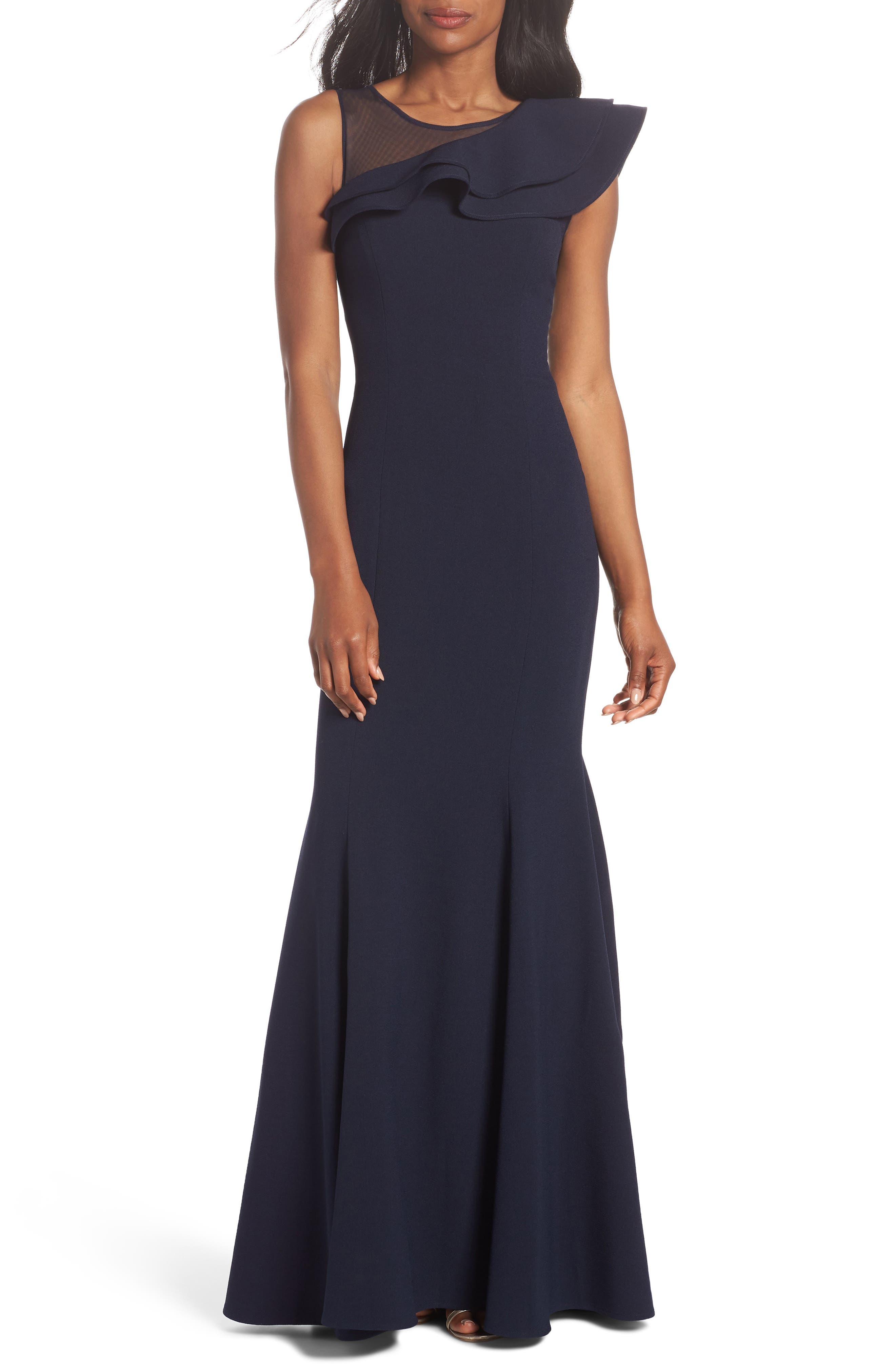 Eliza J Asymmetrical Ruffle Gown, Blue