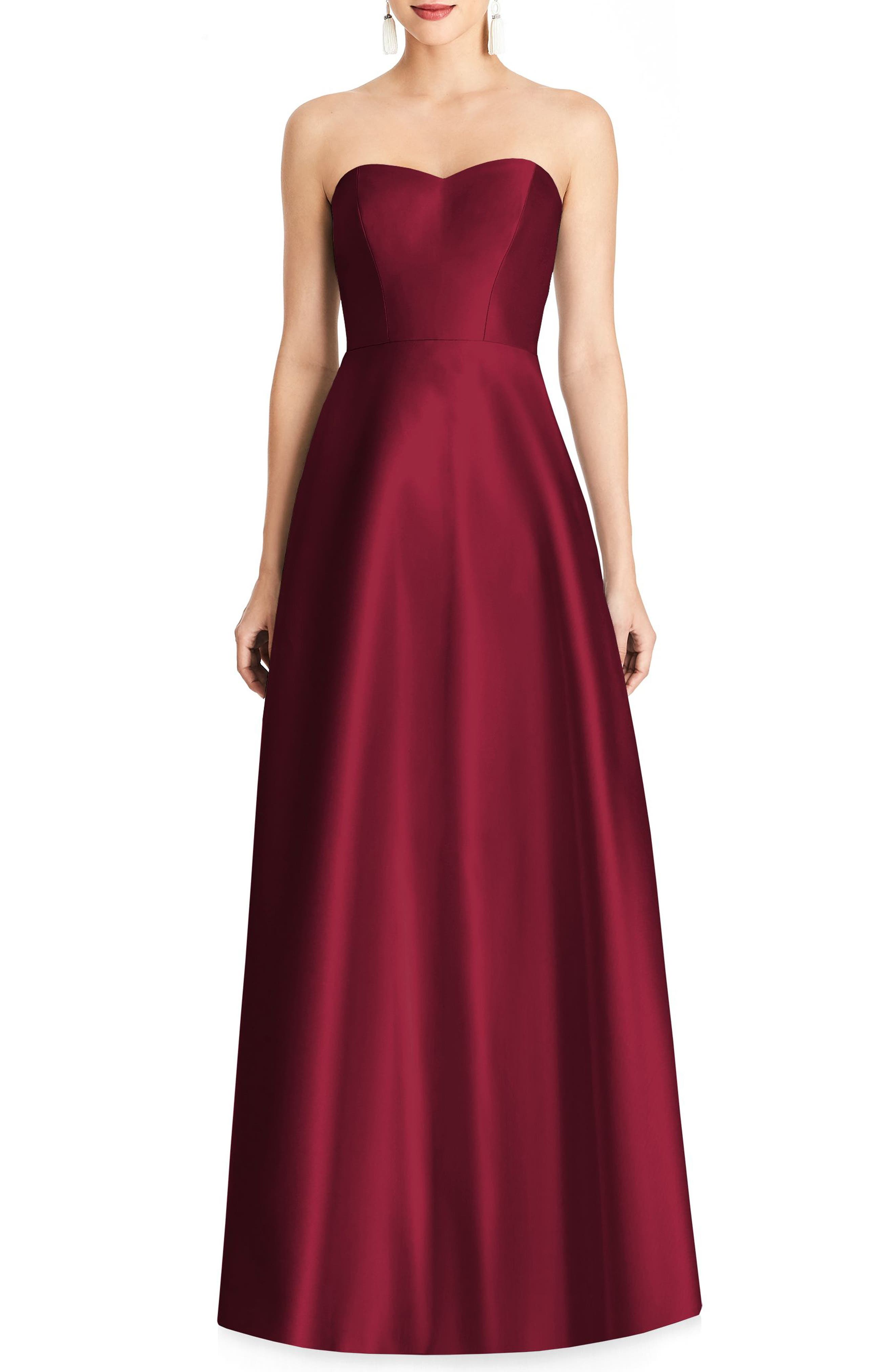 Alfred Sung Strapless Sateen Gown, Burgundy