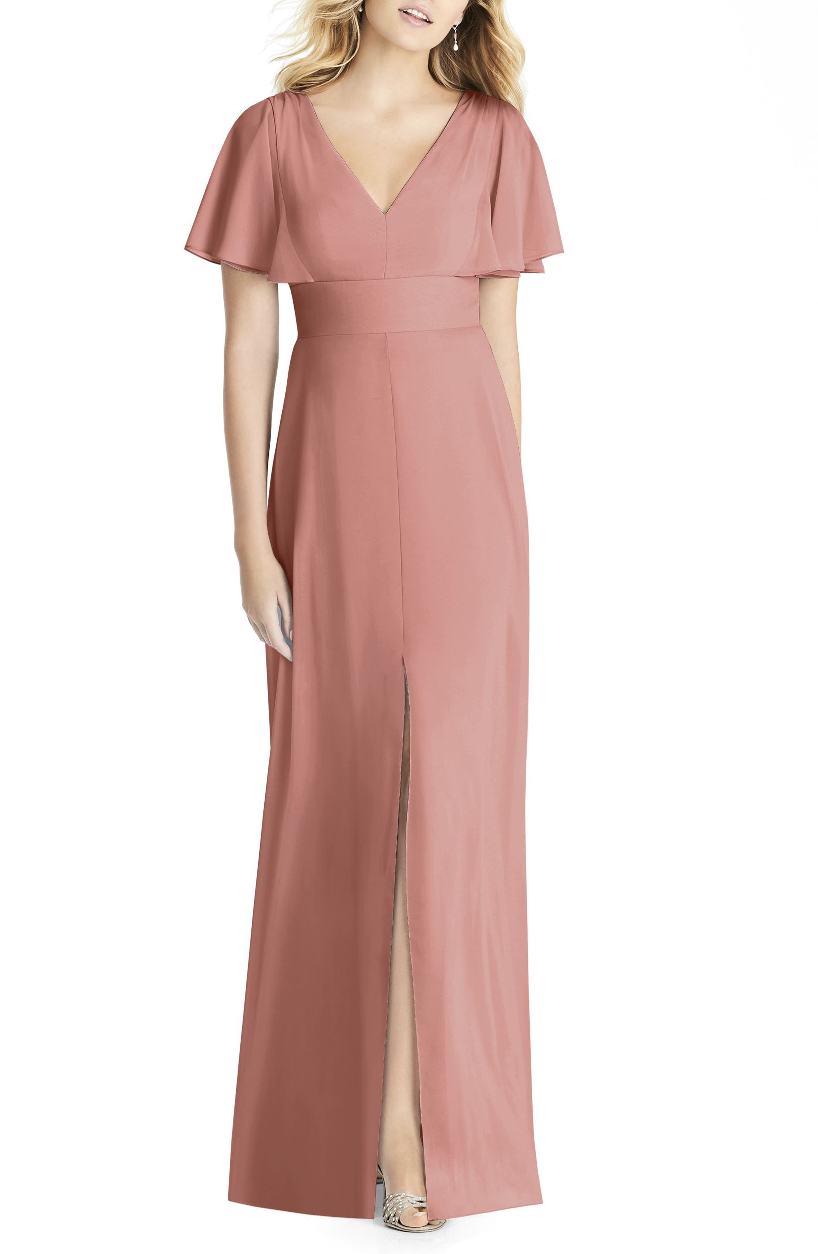 Social Bridesmaids Split Sleeve Chiffon Gown, Pink