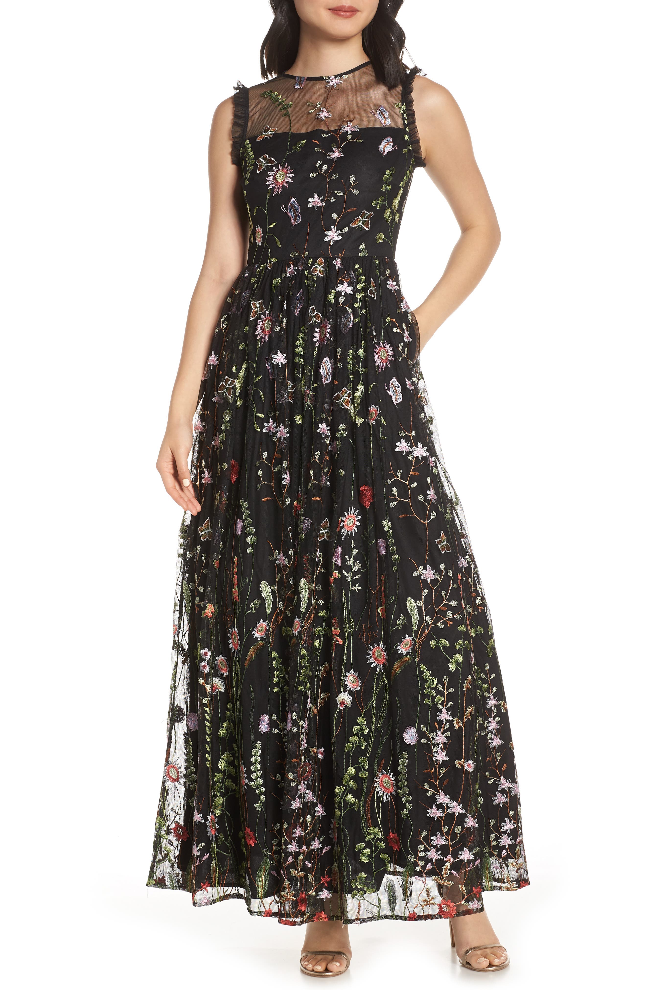 Morgan And Co. Embroidered Mesh Evening Dress, Black