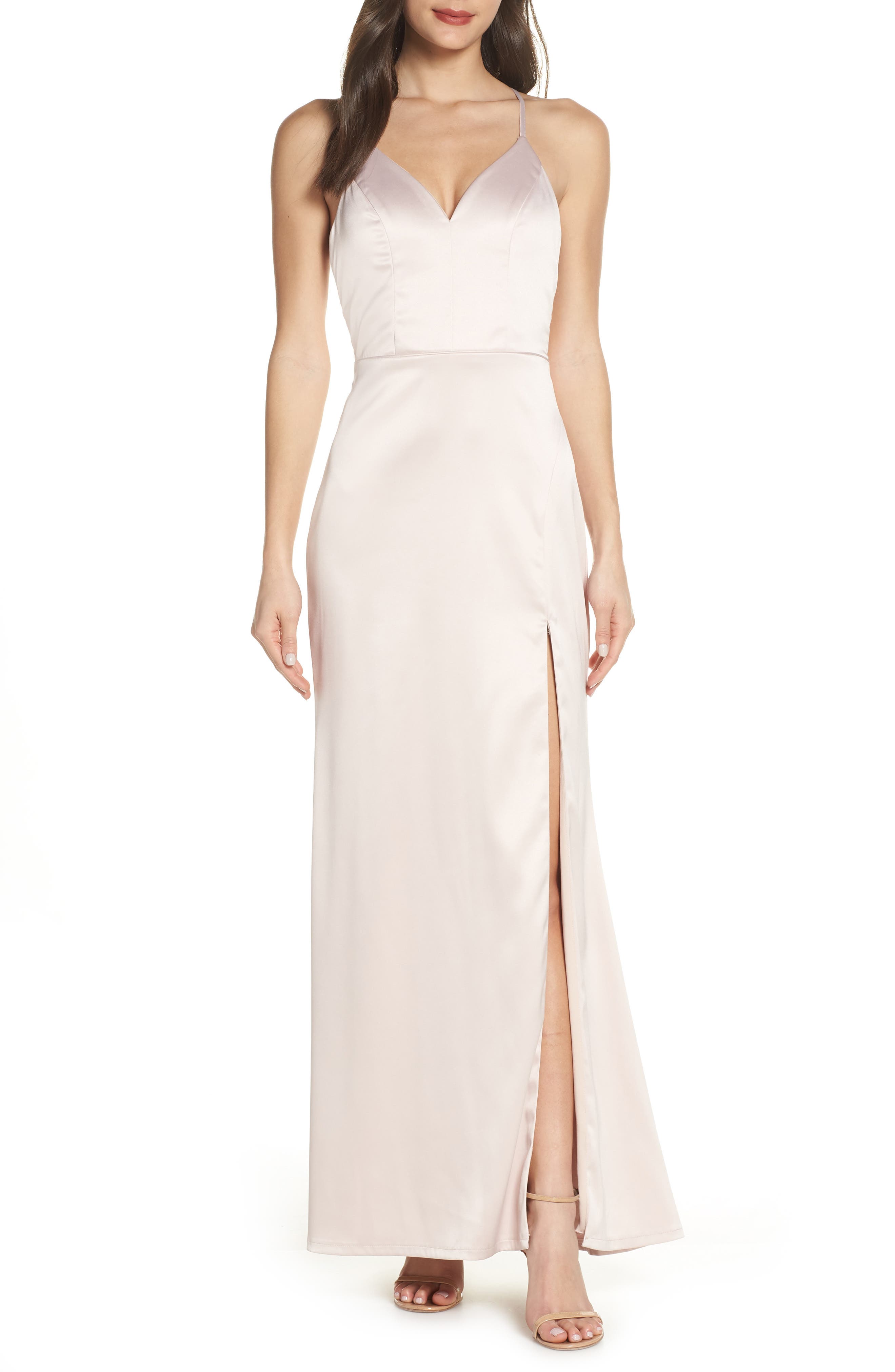 Sequin Hearts Lace Back Stretch Satin Evening Dress, Pink