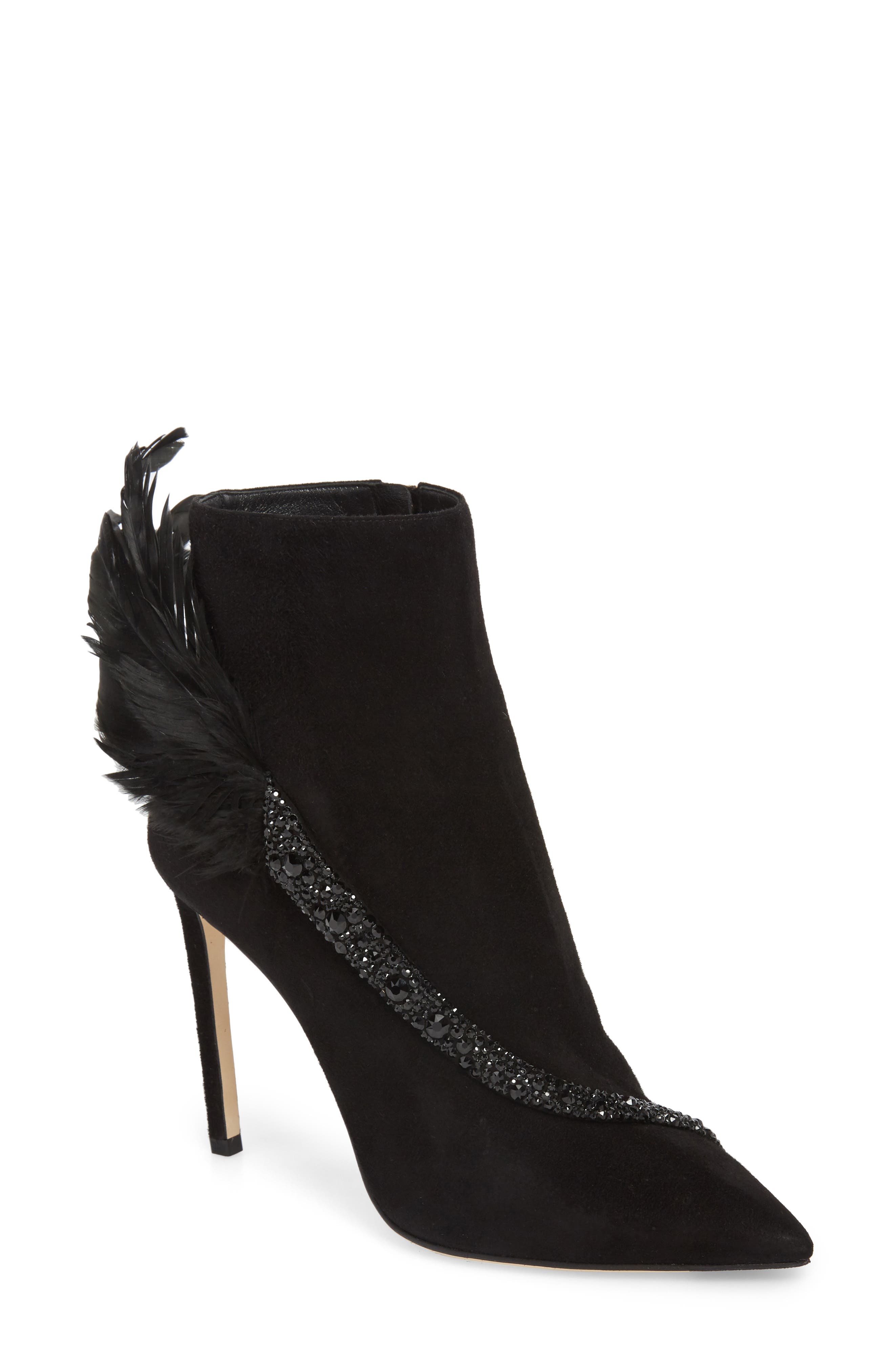 Jimmy Choo Tanya Crystal & Feather Embellished Bootie, Black