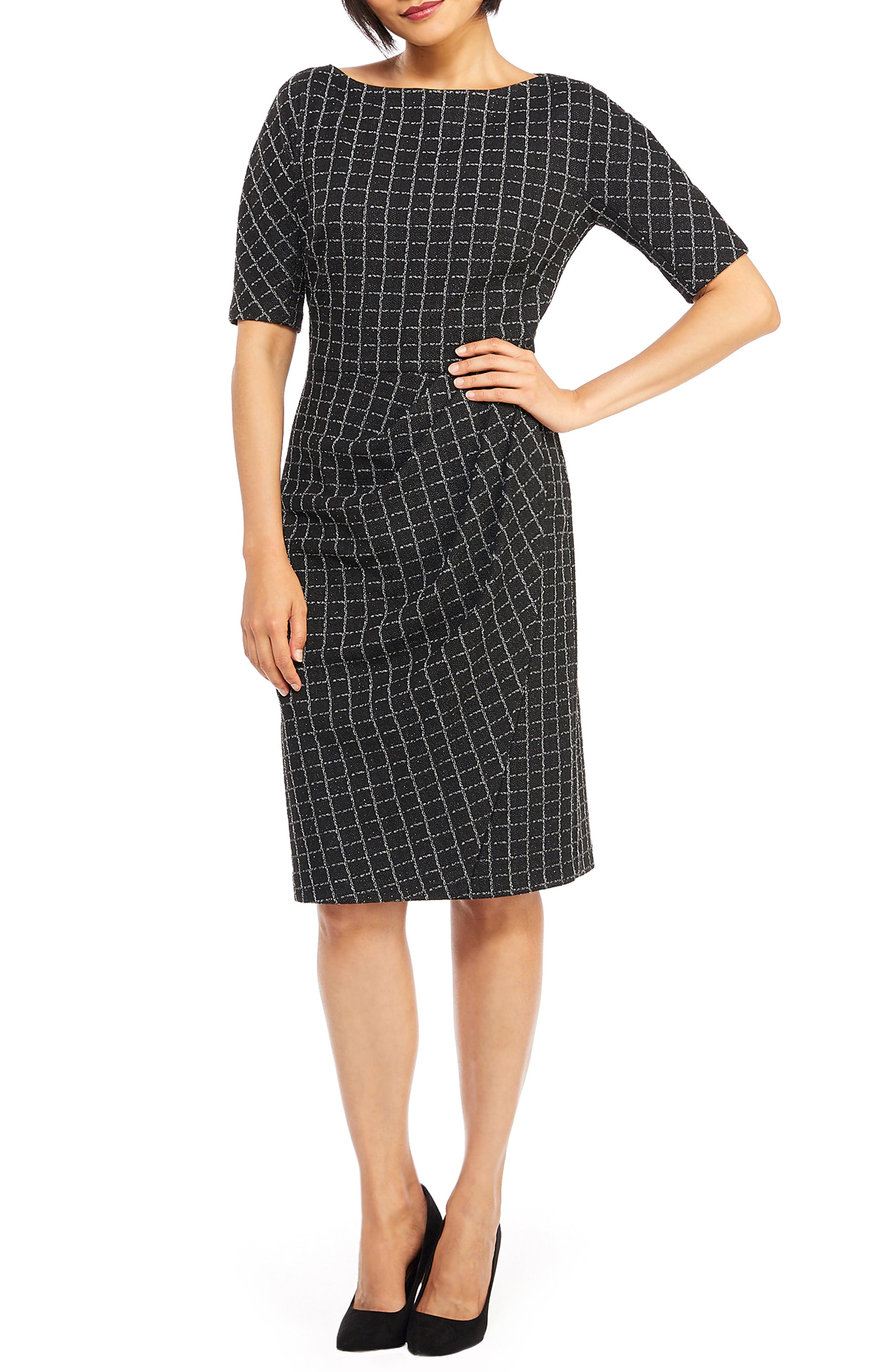 Maggy London Textured Windowpane Check Sheath Dress, Grey