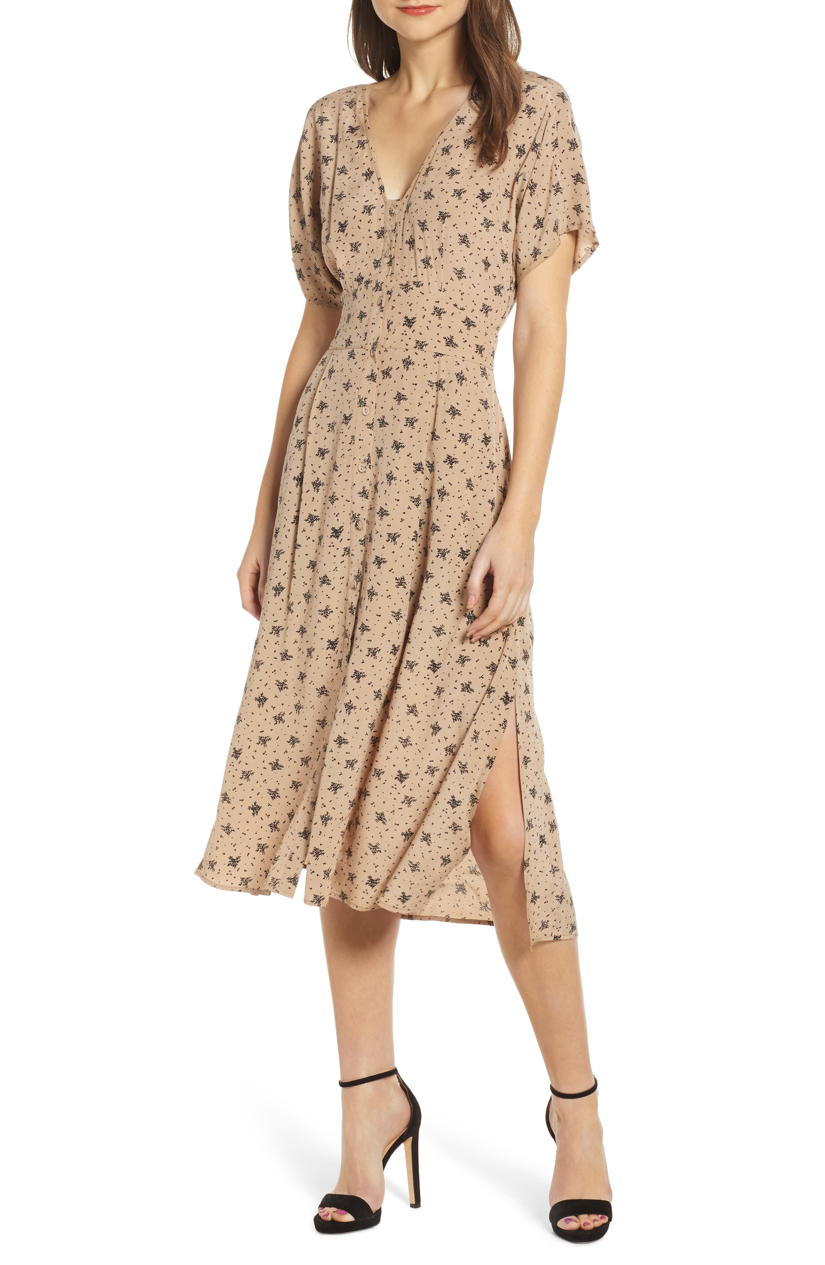 Astr The Label Dolman Sleeve Button Down Midi Dress, Beige