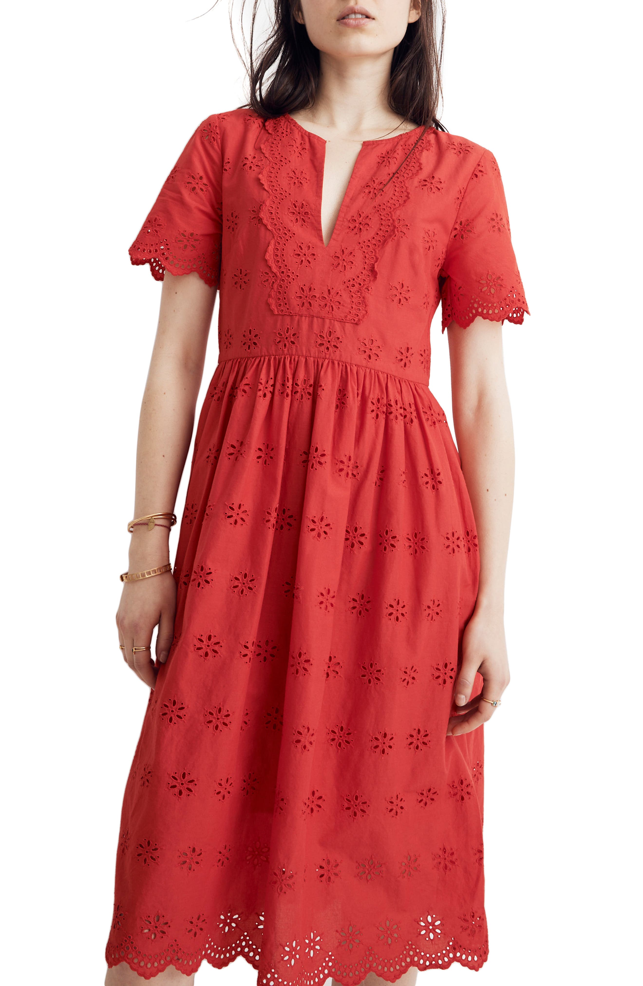 Madewell Scallop Eyelet Midi Dress, Red