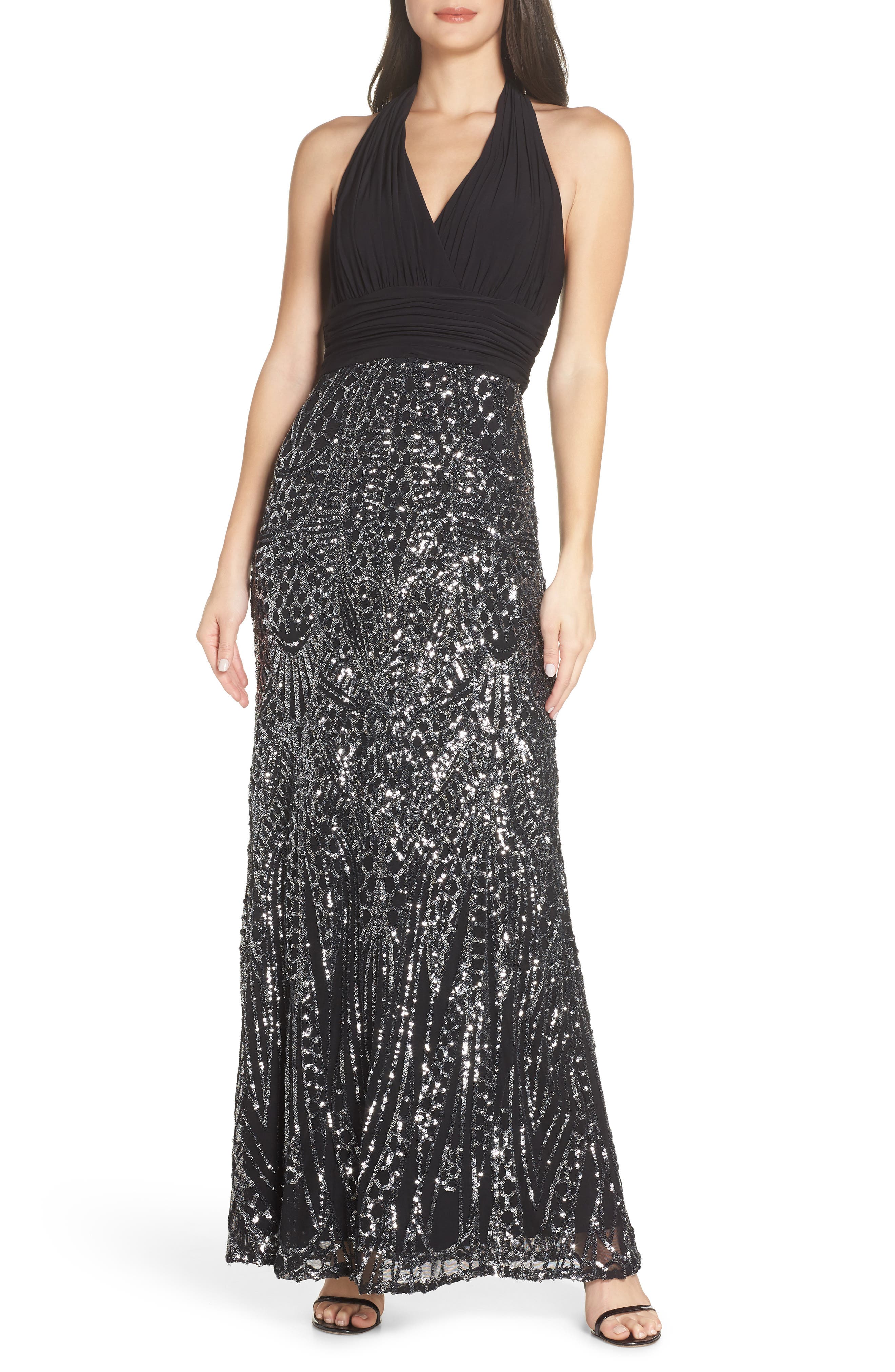 Morgan & Co. Ruched Halter Bodice Gown, Black