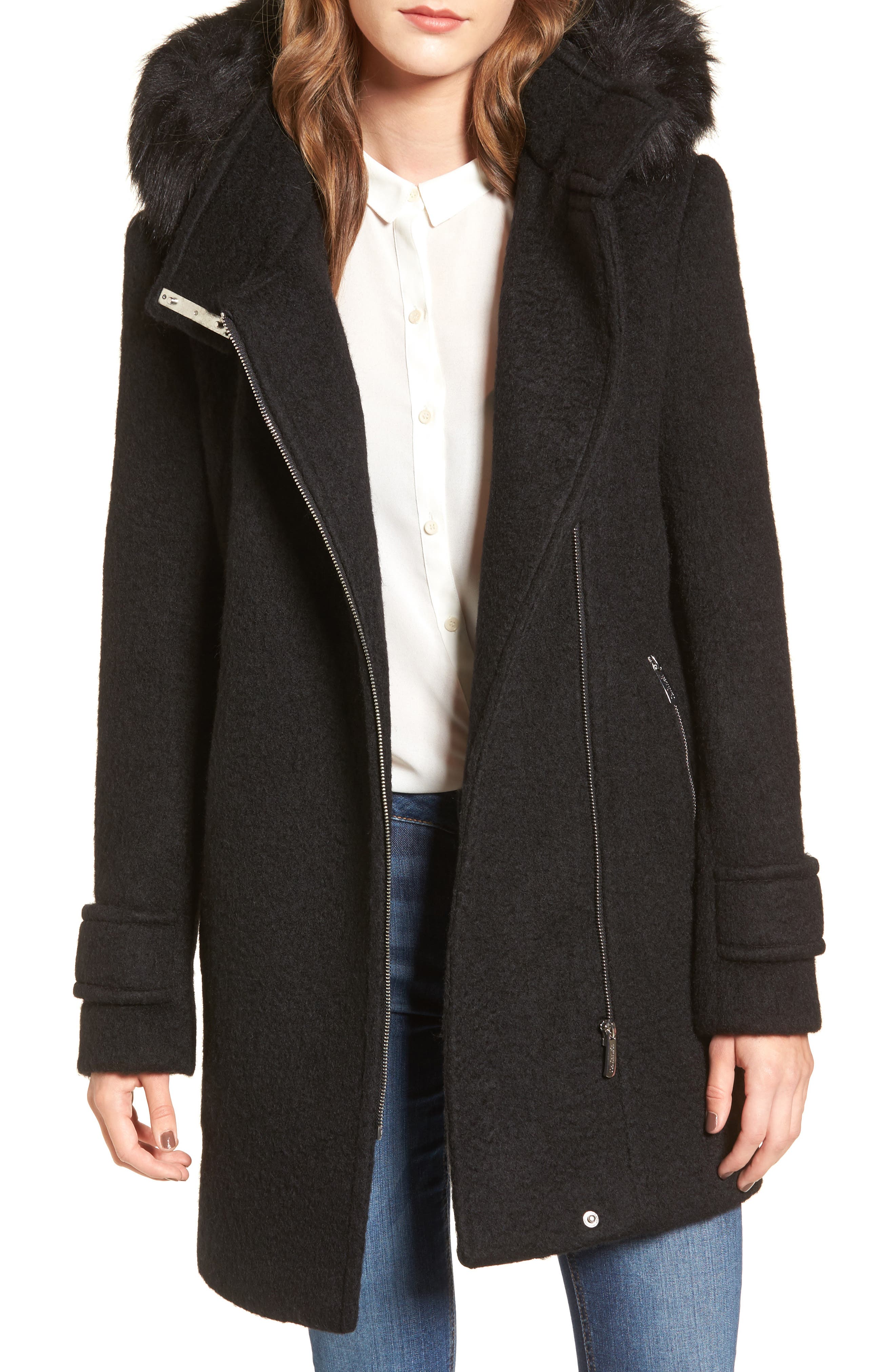 Calvin Klein Hooded Wool Blend Jacket with Faux Fur Trim Nordstrom