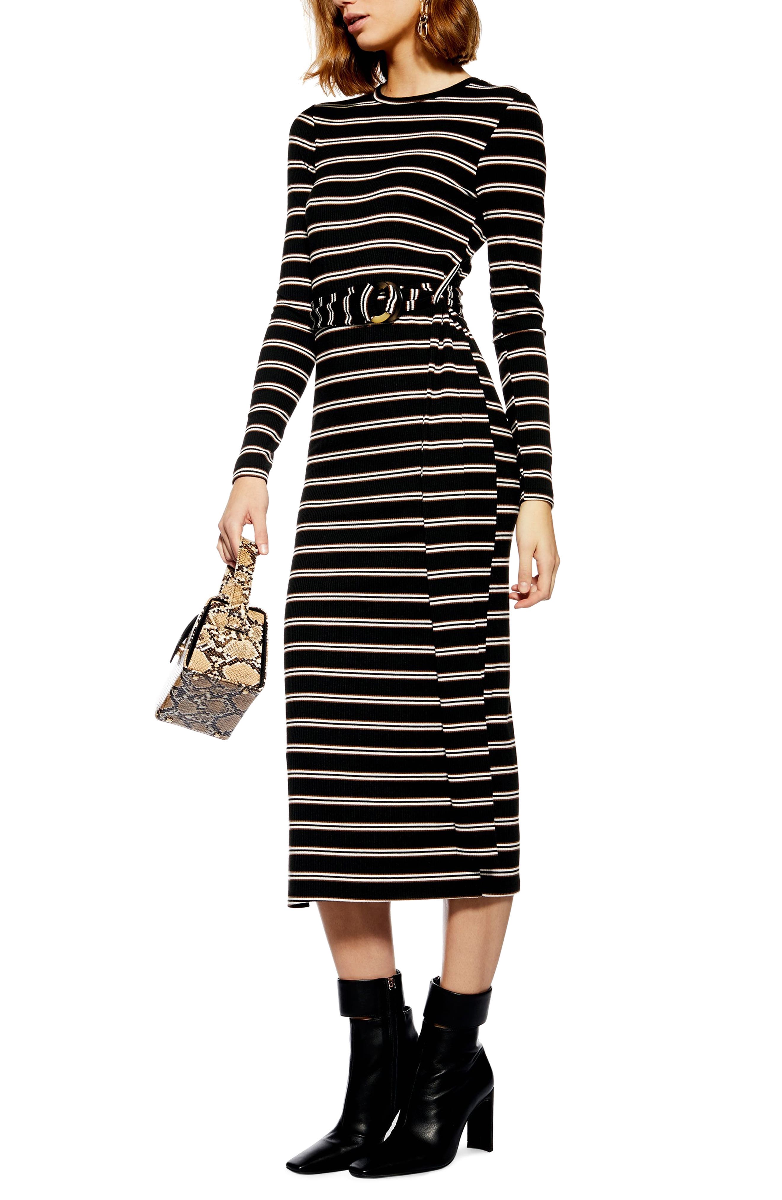 Topshop Striped Belted Midi Dress, US (fits like 10-12) - Black