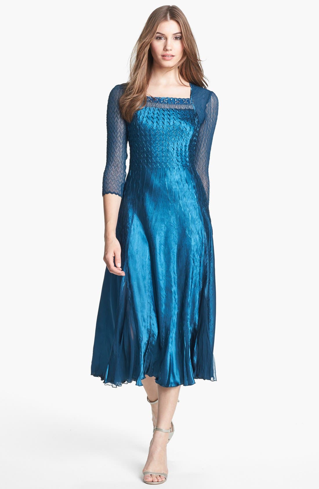 Komarov Sheer Sleeve Textured Charmeuse Dress Nordstrom