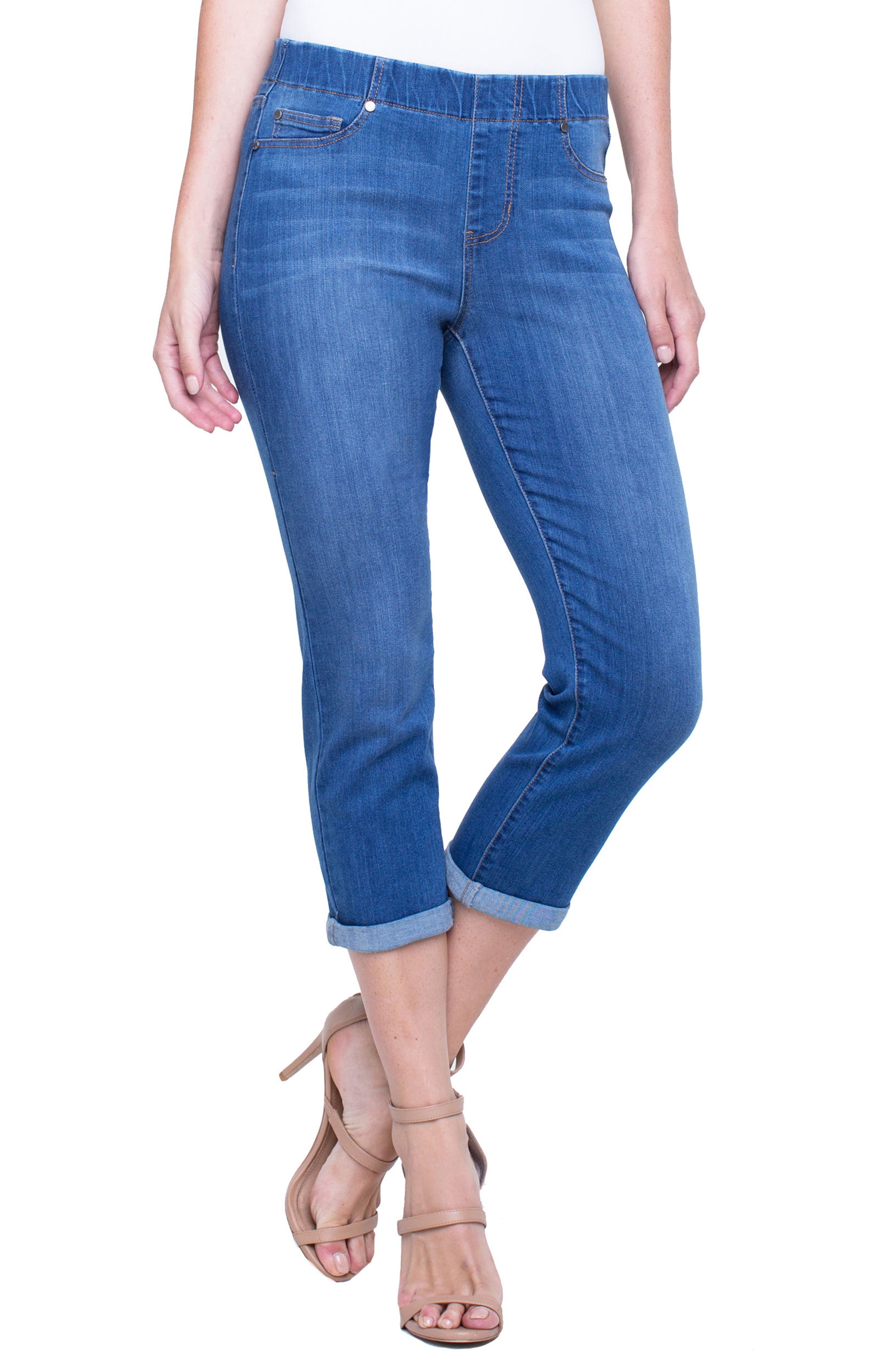 Petite Liverpool Chloe Roll Cuff Capri Denim Leggings, Blue