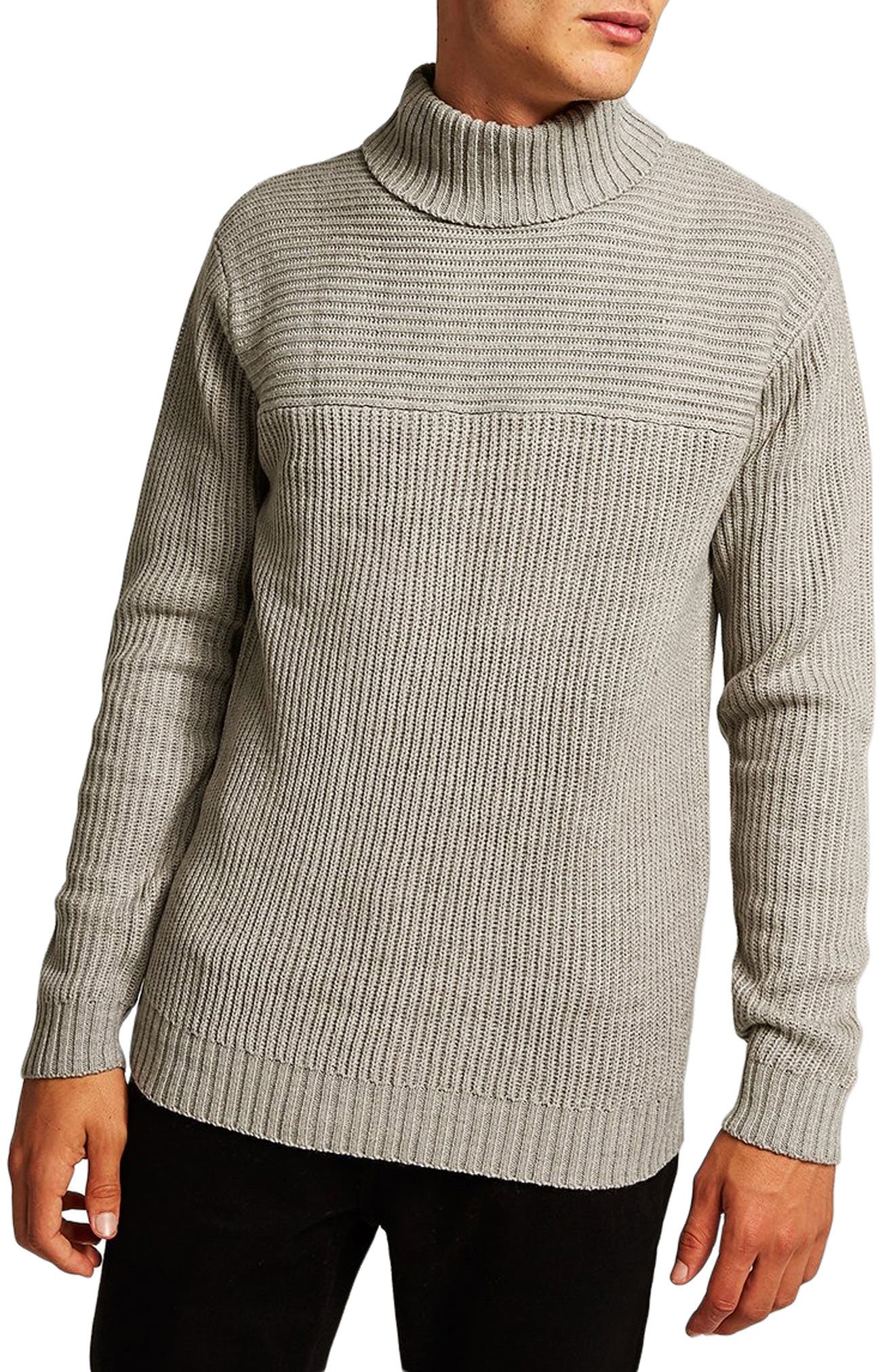 Topman Flint Ribbed Turtleneck Sweater, Grey