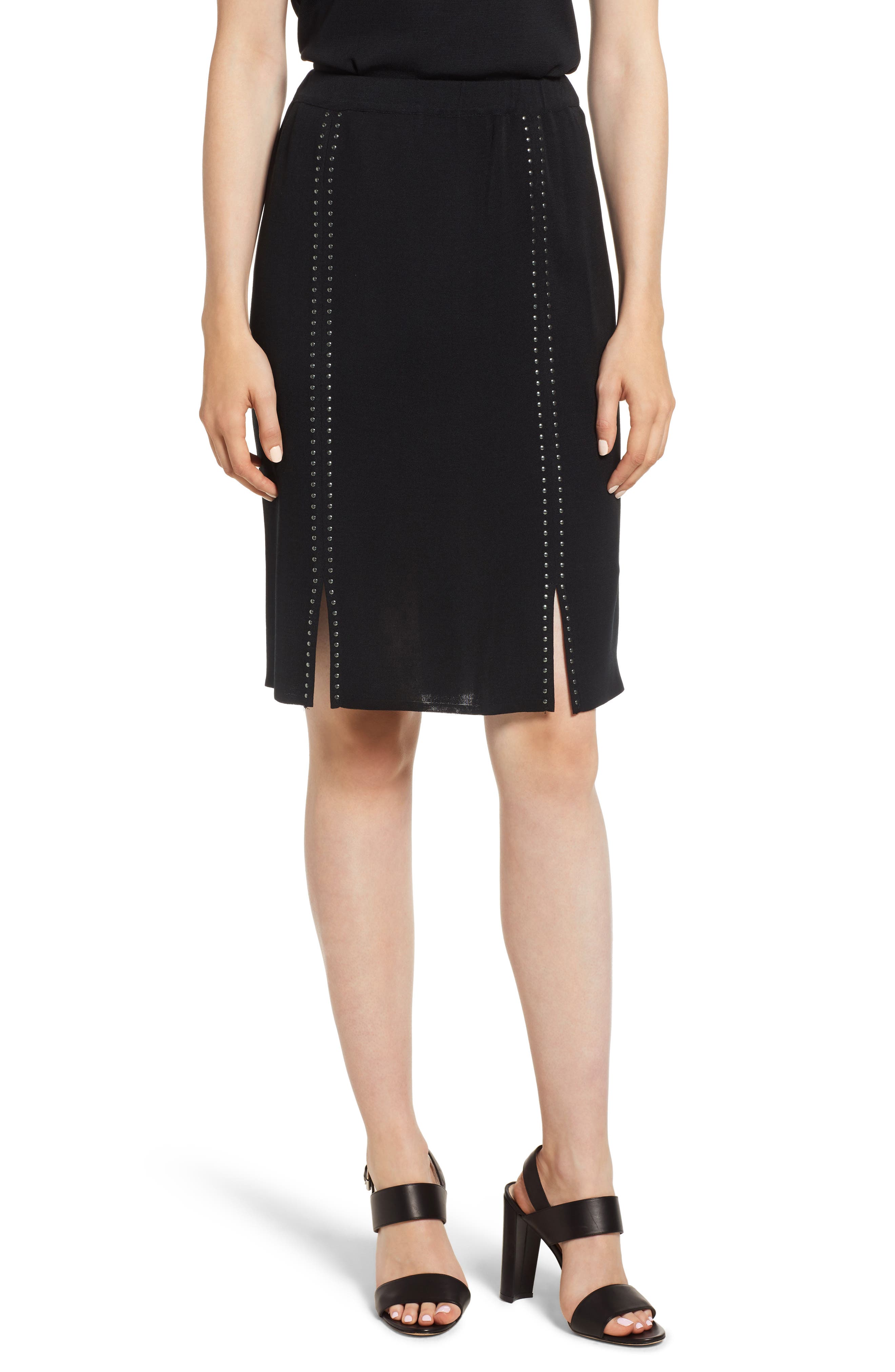 Ming Wang Studded Knit Skirt, Black