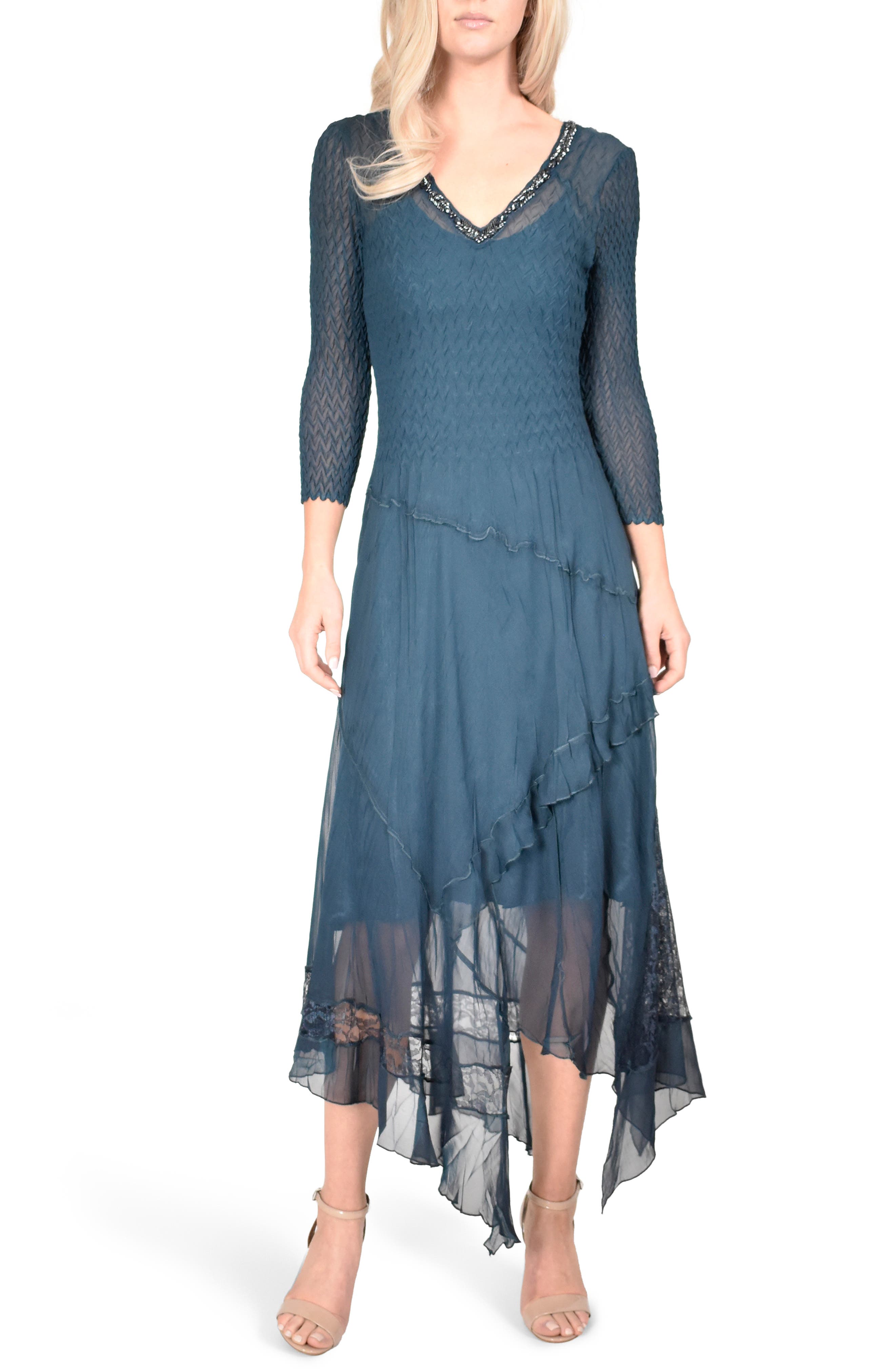 Komarov Beaded Handkerchief Hem Dress