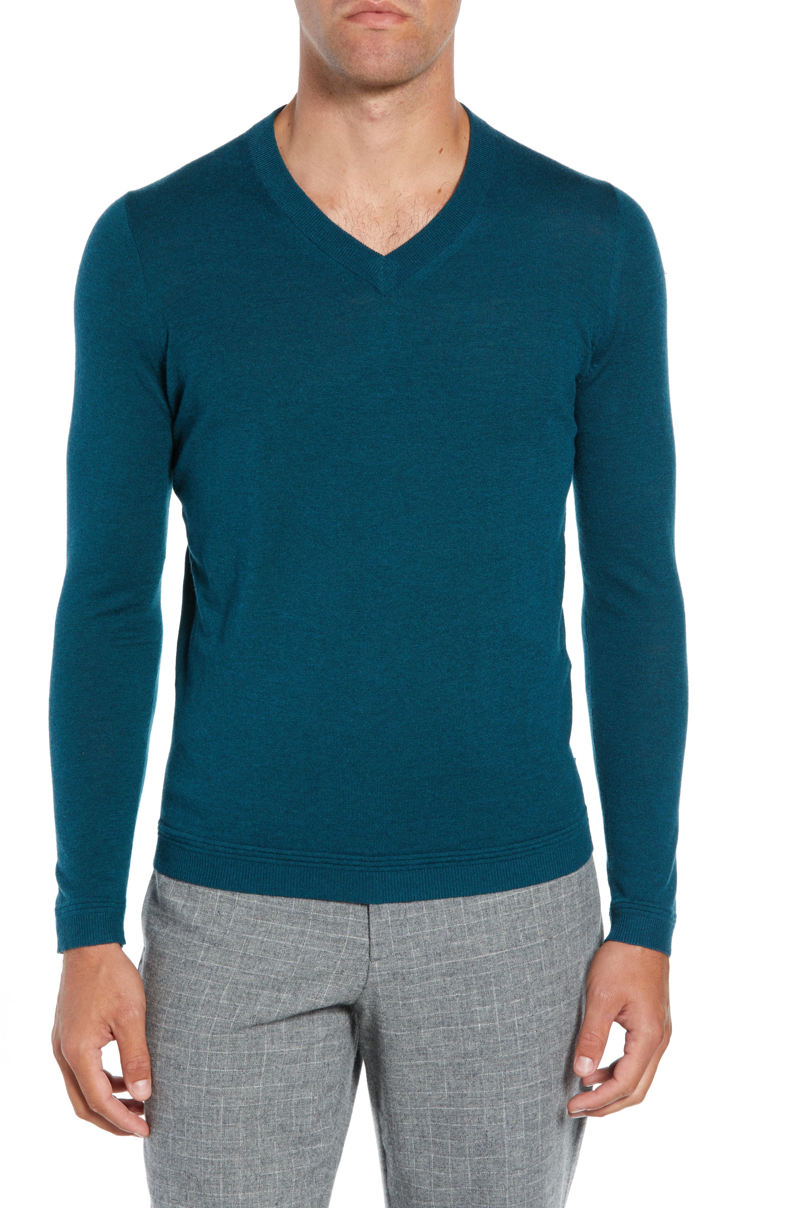 Ted Baker London Noel Slim Fit V-Neck Wool Blend Sweater, Blue/green