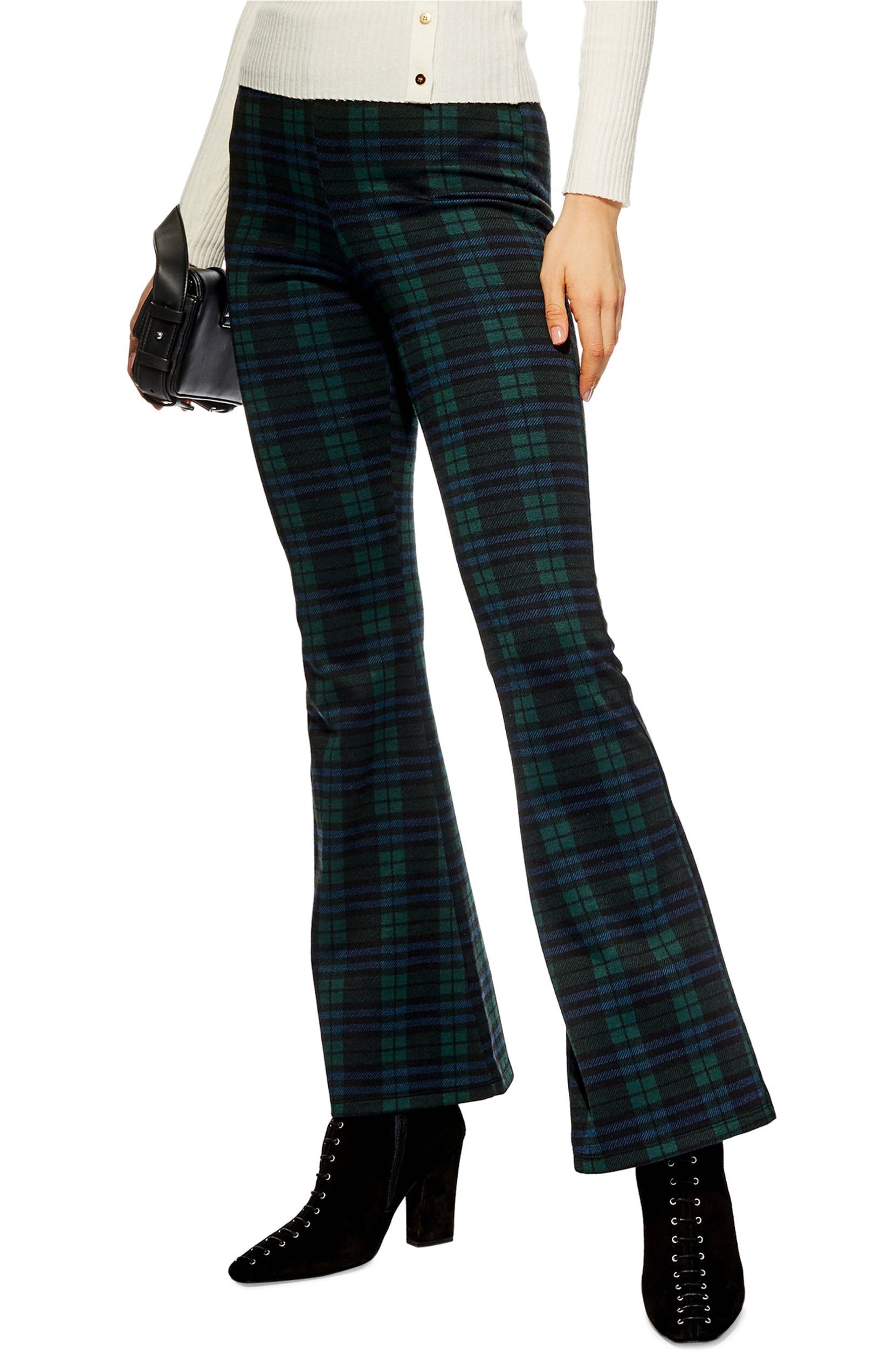 TOPSHOP Plaid Flare Pants, Main, color, NAVY BLUE MULTI