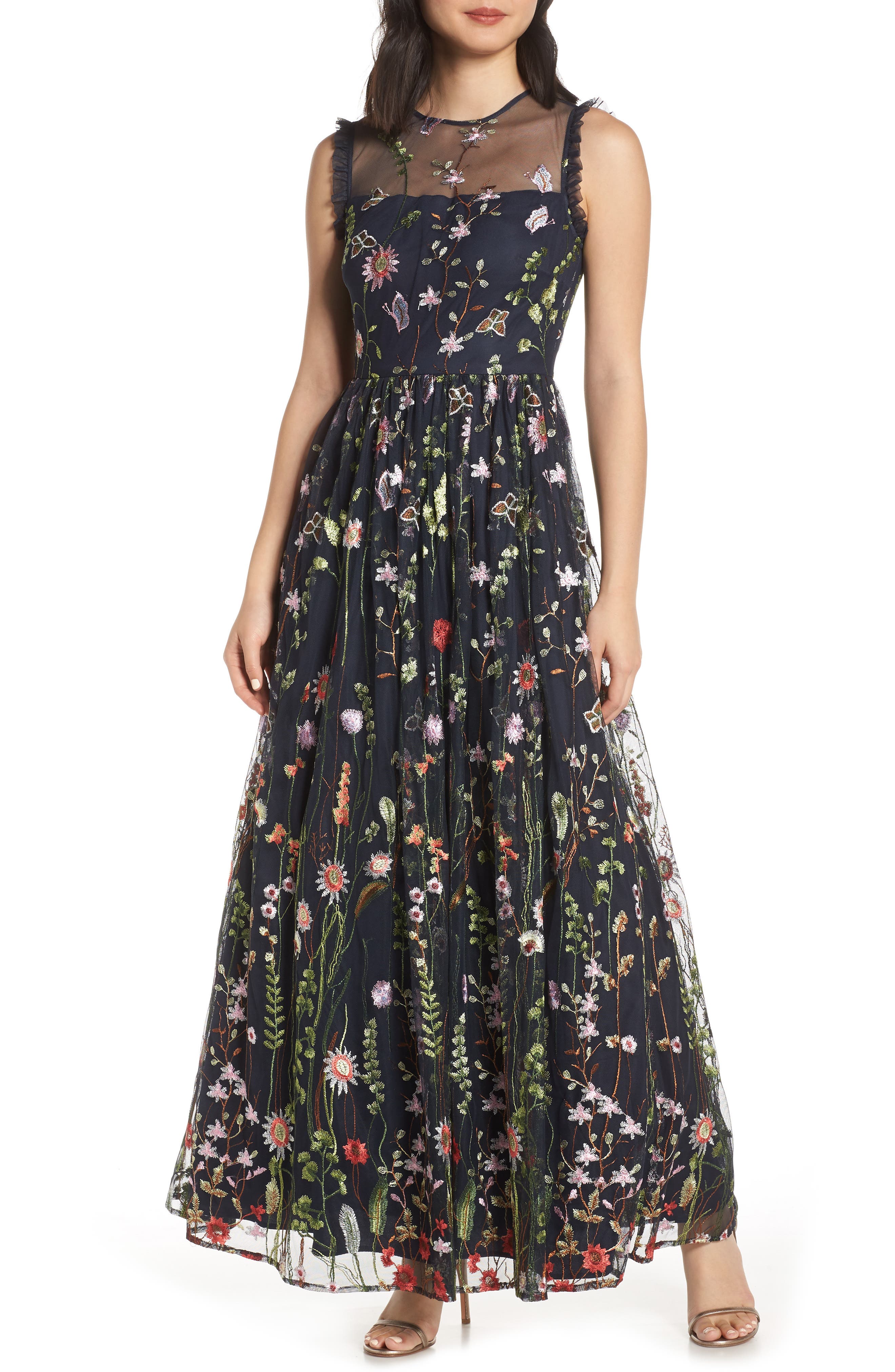 Morgan And Co. Embroidered Mesh Evening Dress, Blue