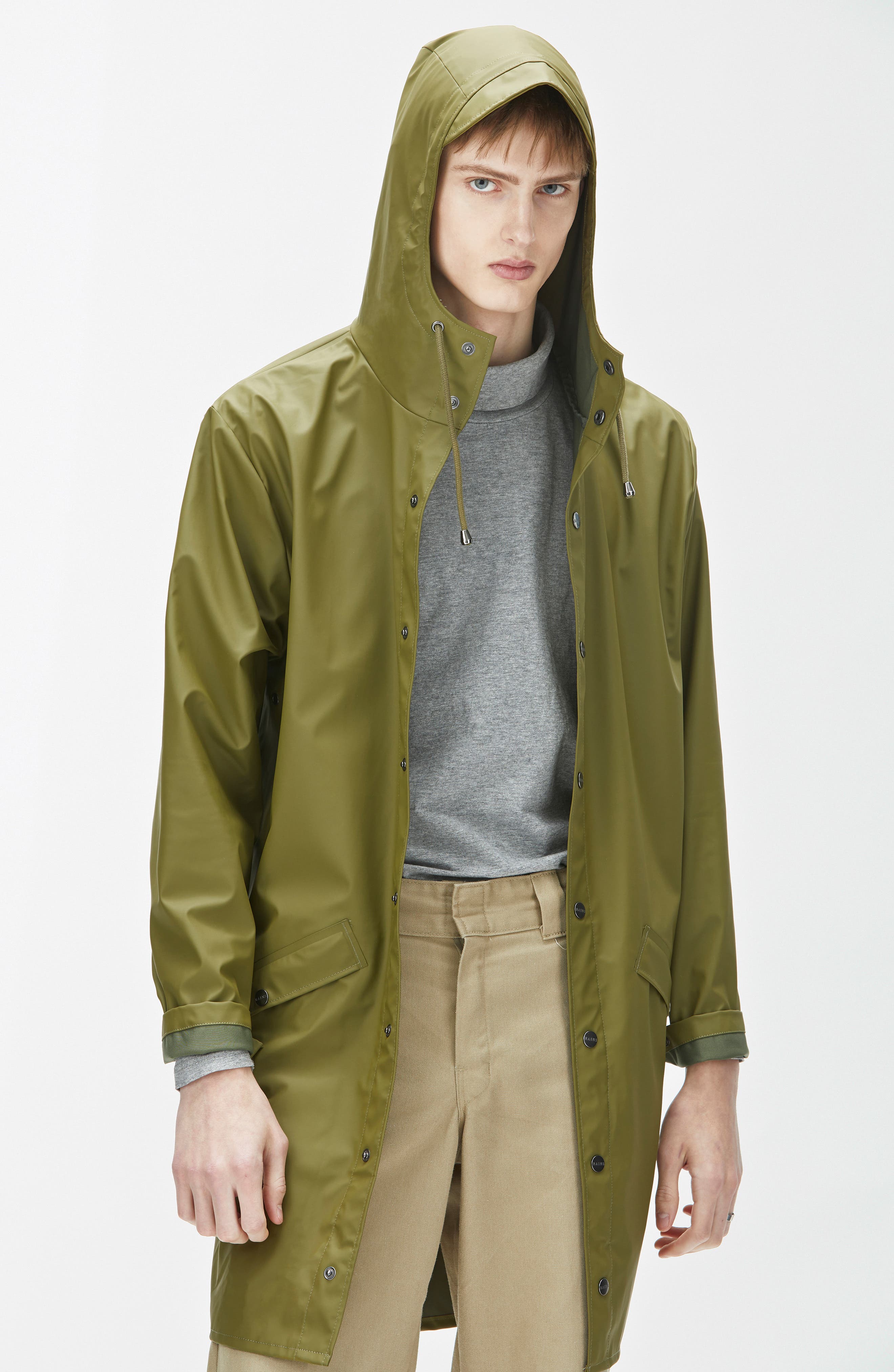 Rains Waterproof Hooded Long Rain Jacket, Green