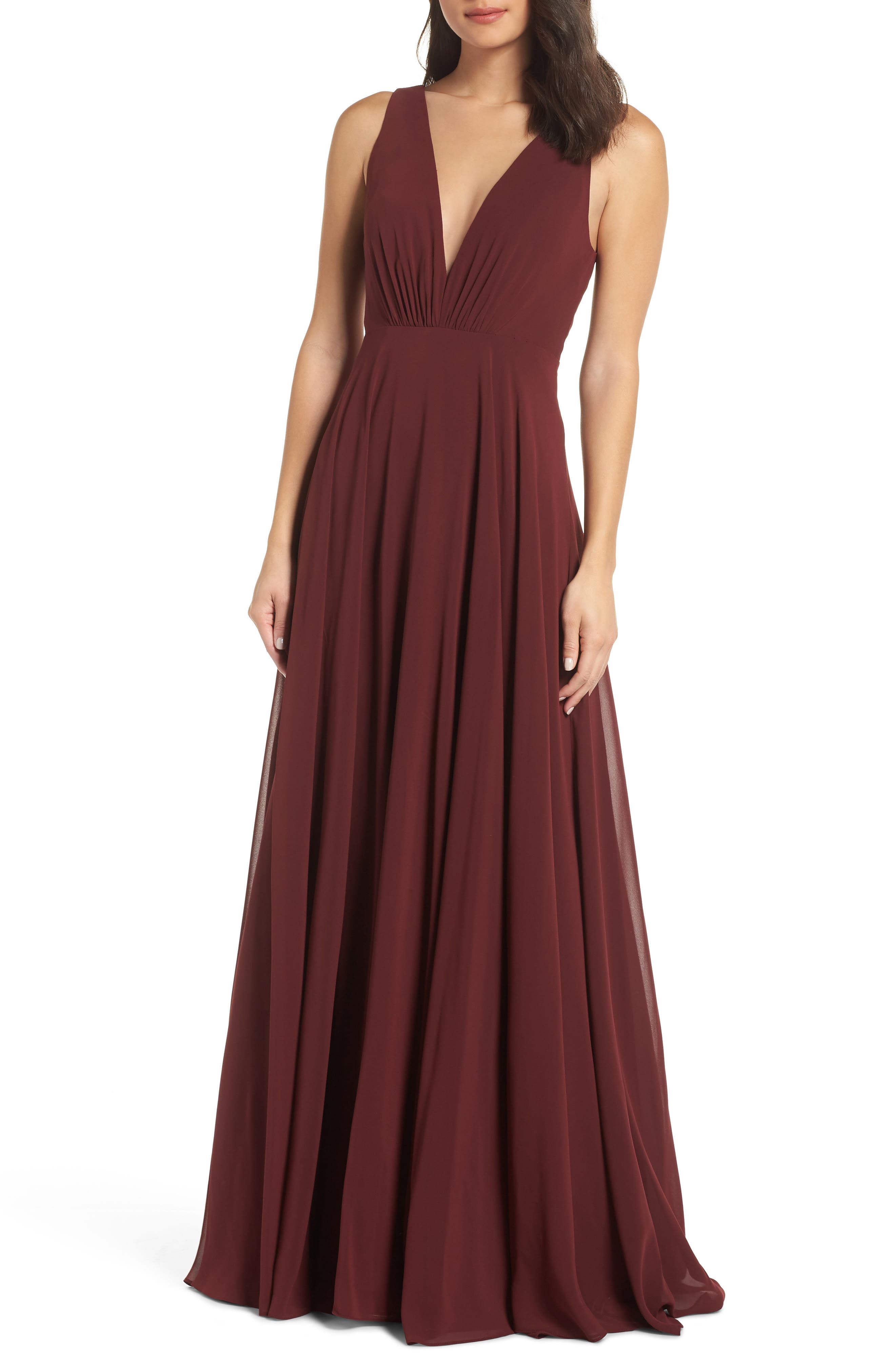 Jenny Yoo Ryan Illusion Neck Chiffon Gown, Red
