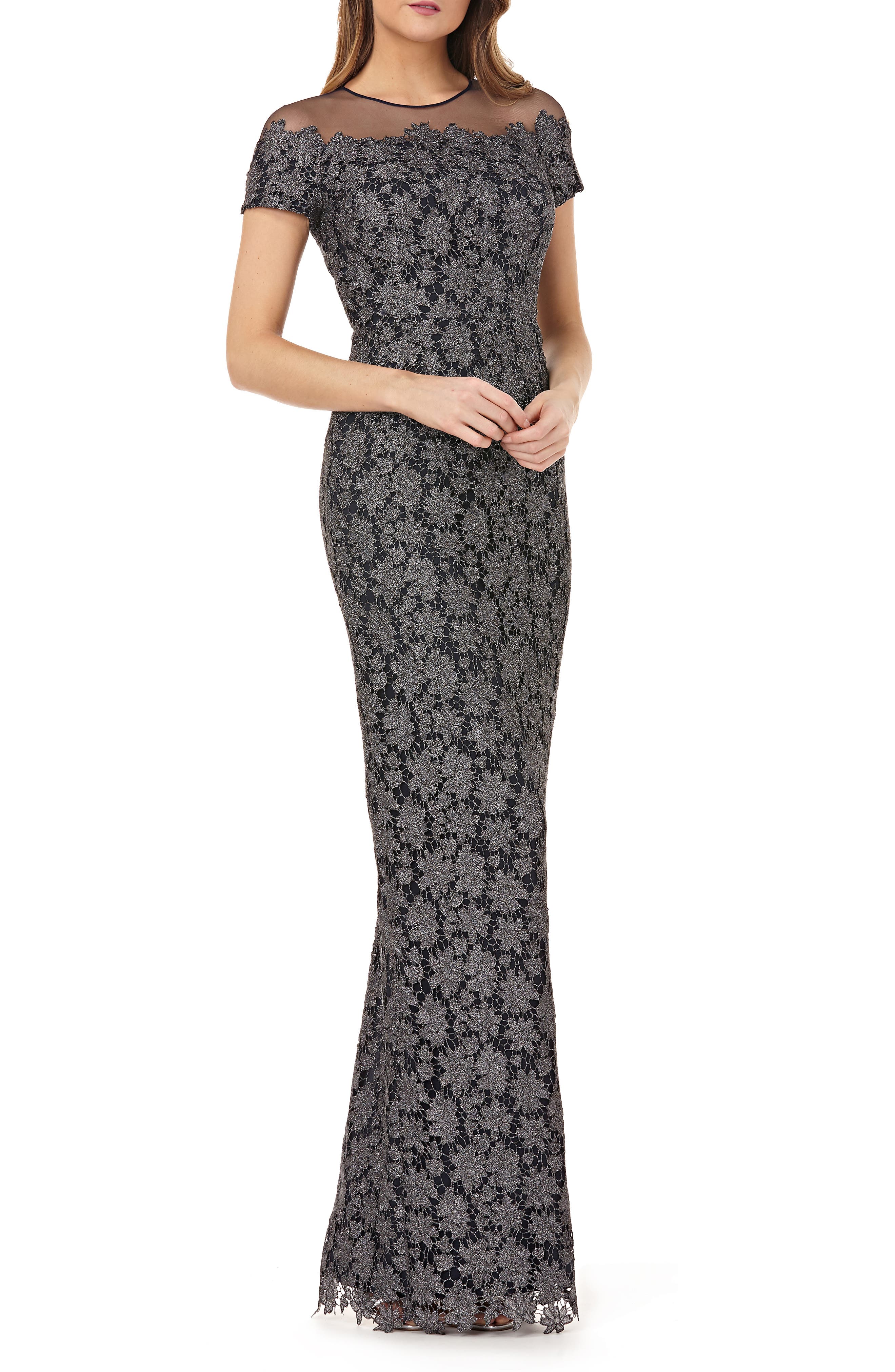 Js Collections Illusion Metallic Lace Gown, Grey