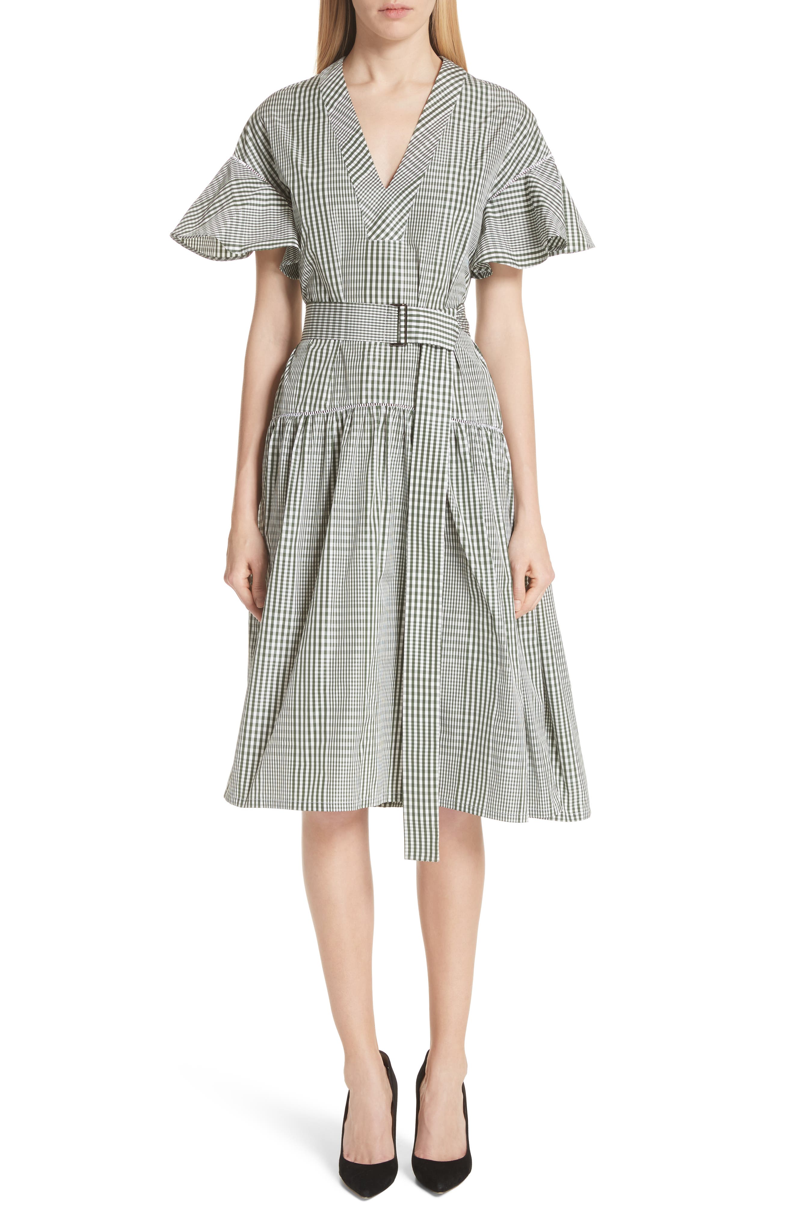 Lela Rose Glen Plaid Flutter Sleeve Dress, Green