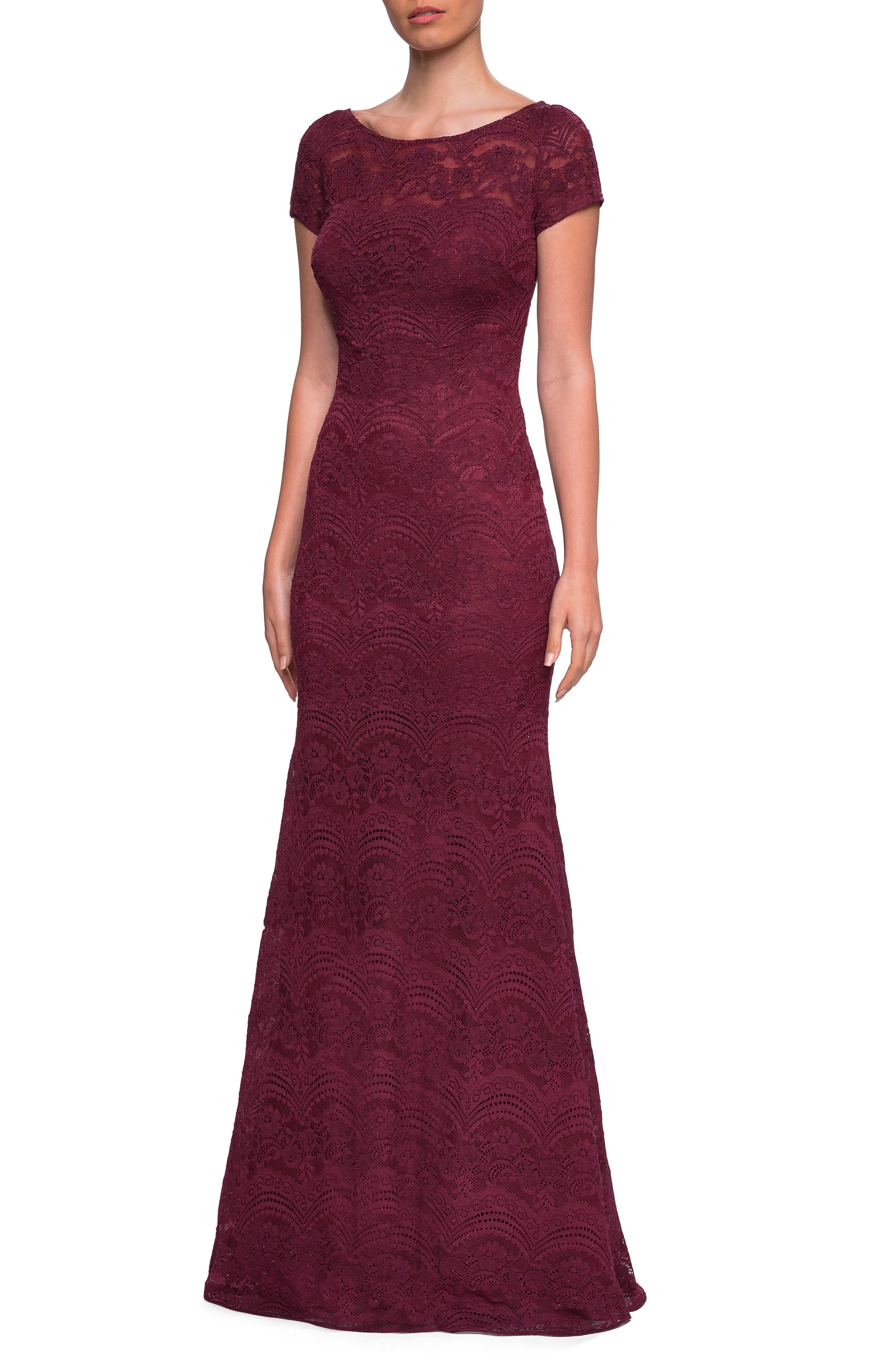 La Femme Lace Trumpet Gown, Red