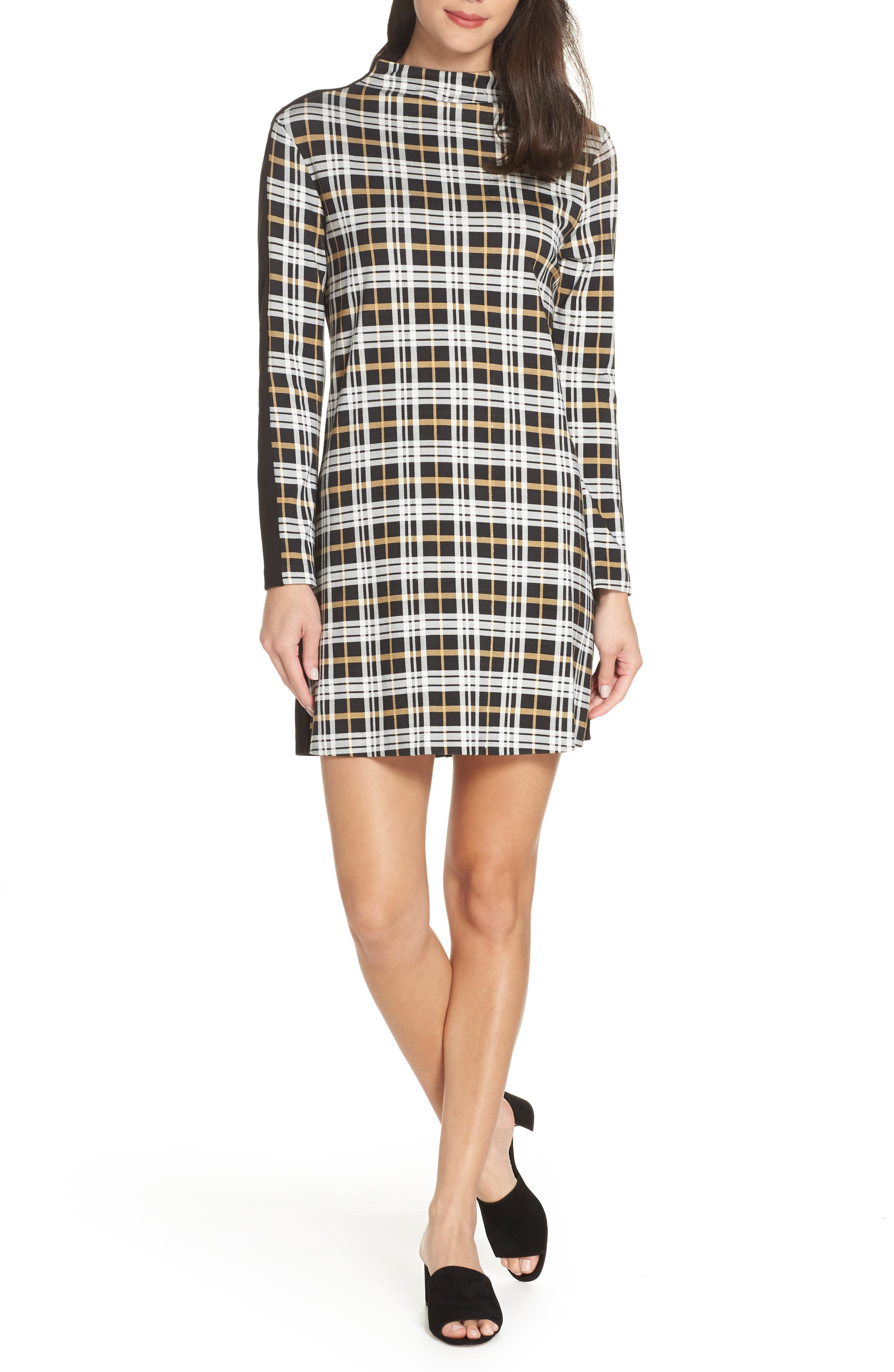 French Connection Lula Plaid Mix Media Shift Dress, Black