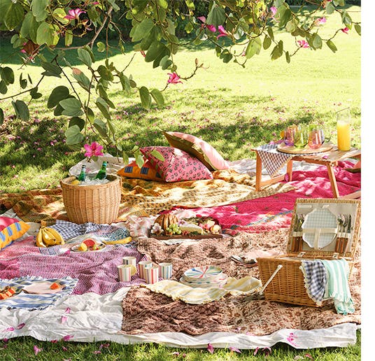 A picnic in the grass with colorful blankets, tablecloths, pillows, tableware and more.