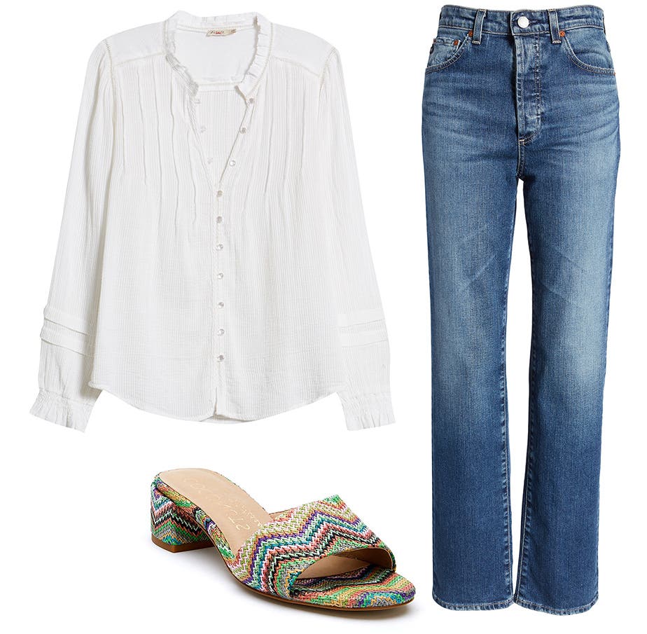 An outfit collage consisting of a white button-up, jeans and low-heeled slides.