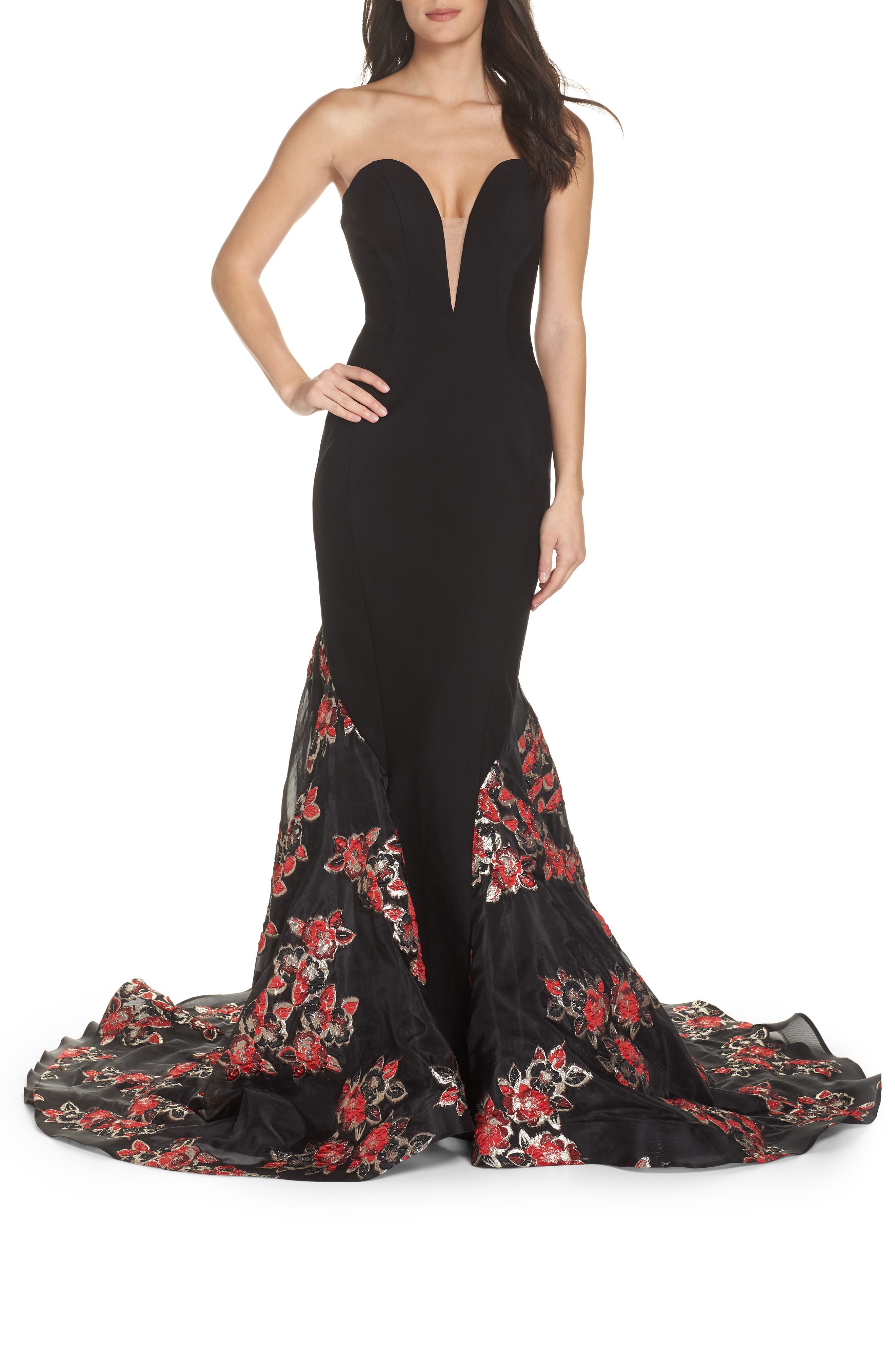 MAC Duggal Plunge Floral Jacquard Mermaid Gown, Black