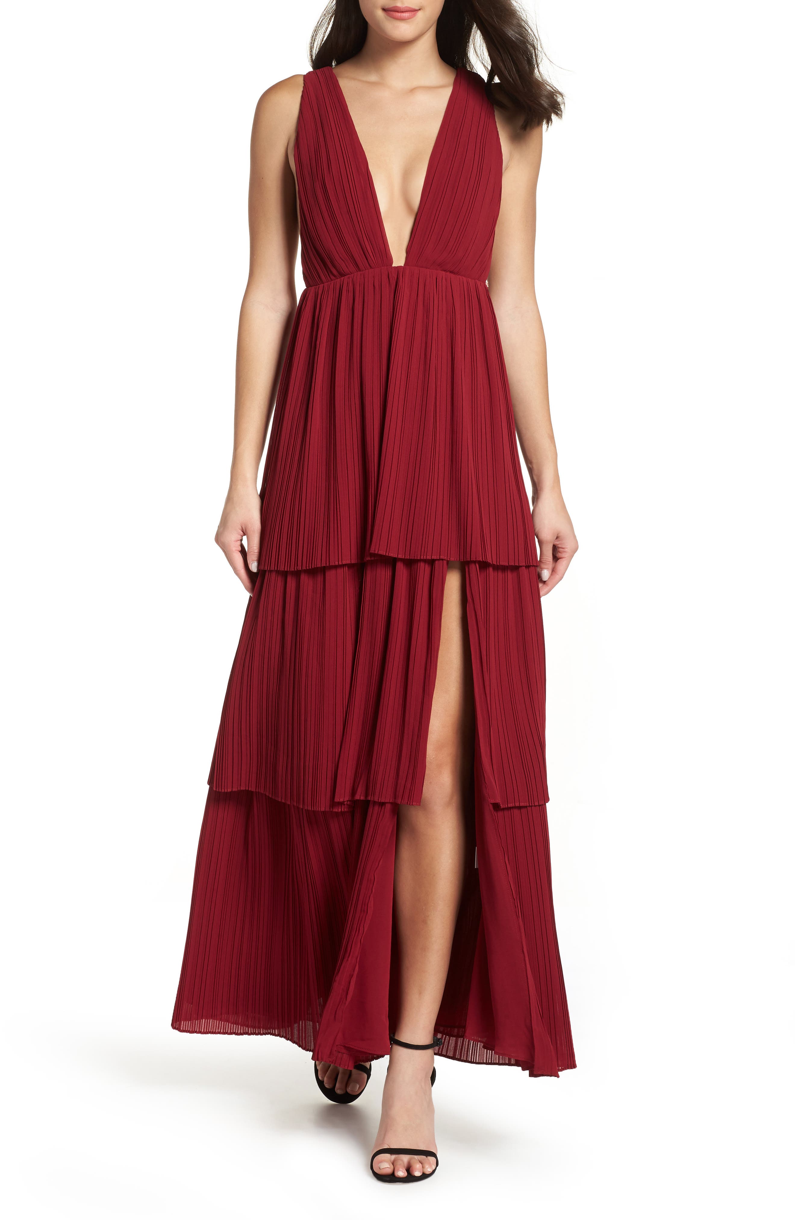 Fame And Partners The Callie Pleat Tiered Gown, Burgundy