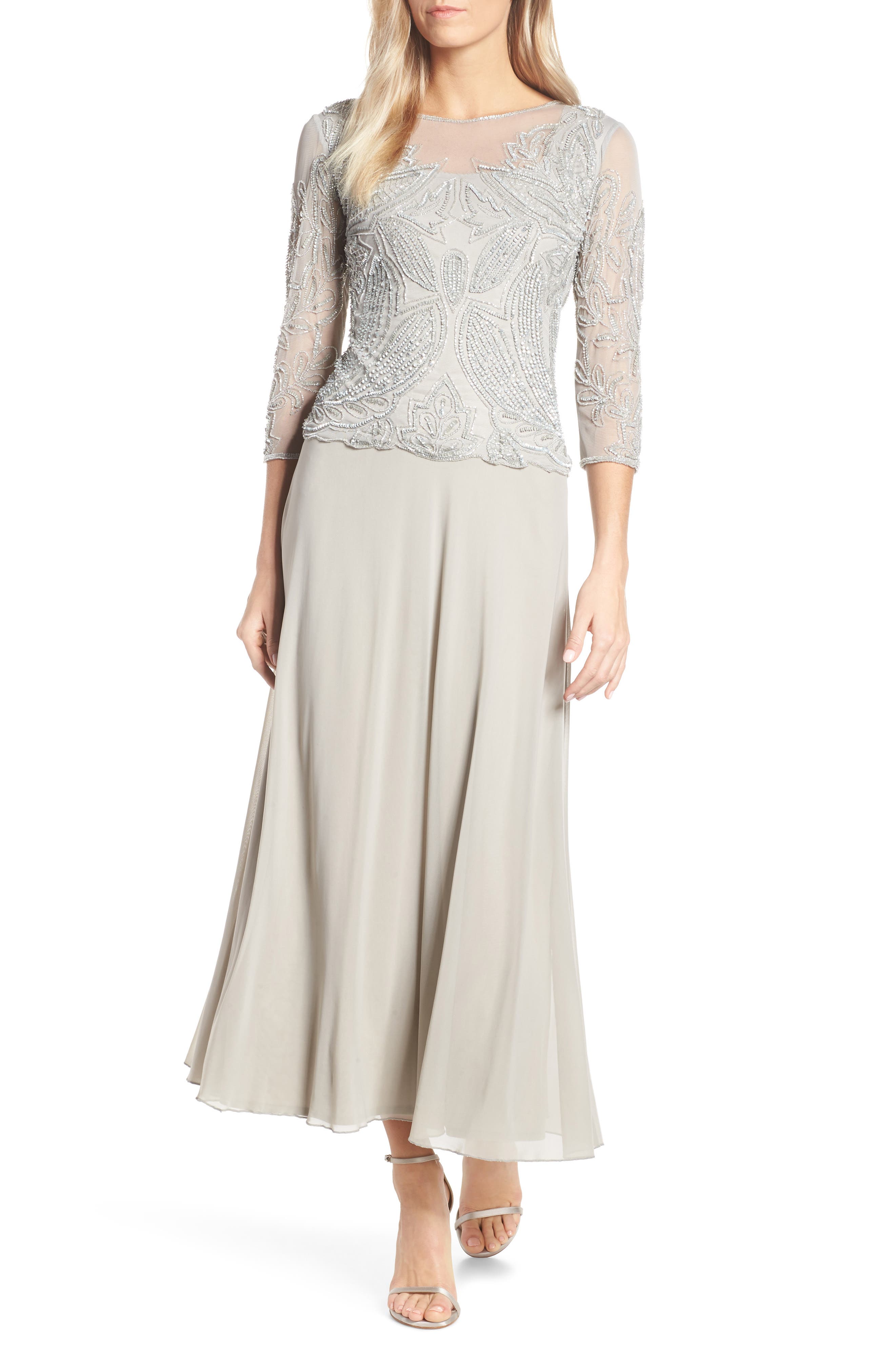 Petite Pisarro Nights Embellished Mesh Gown, Metallic