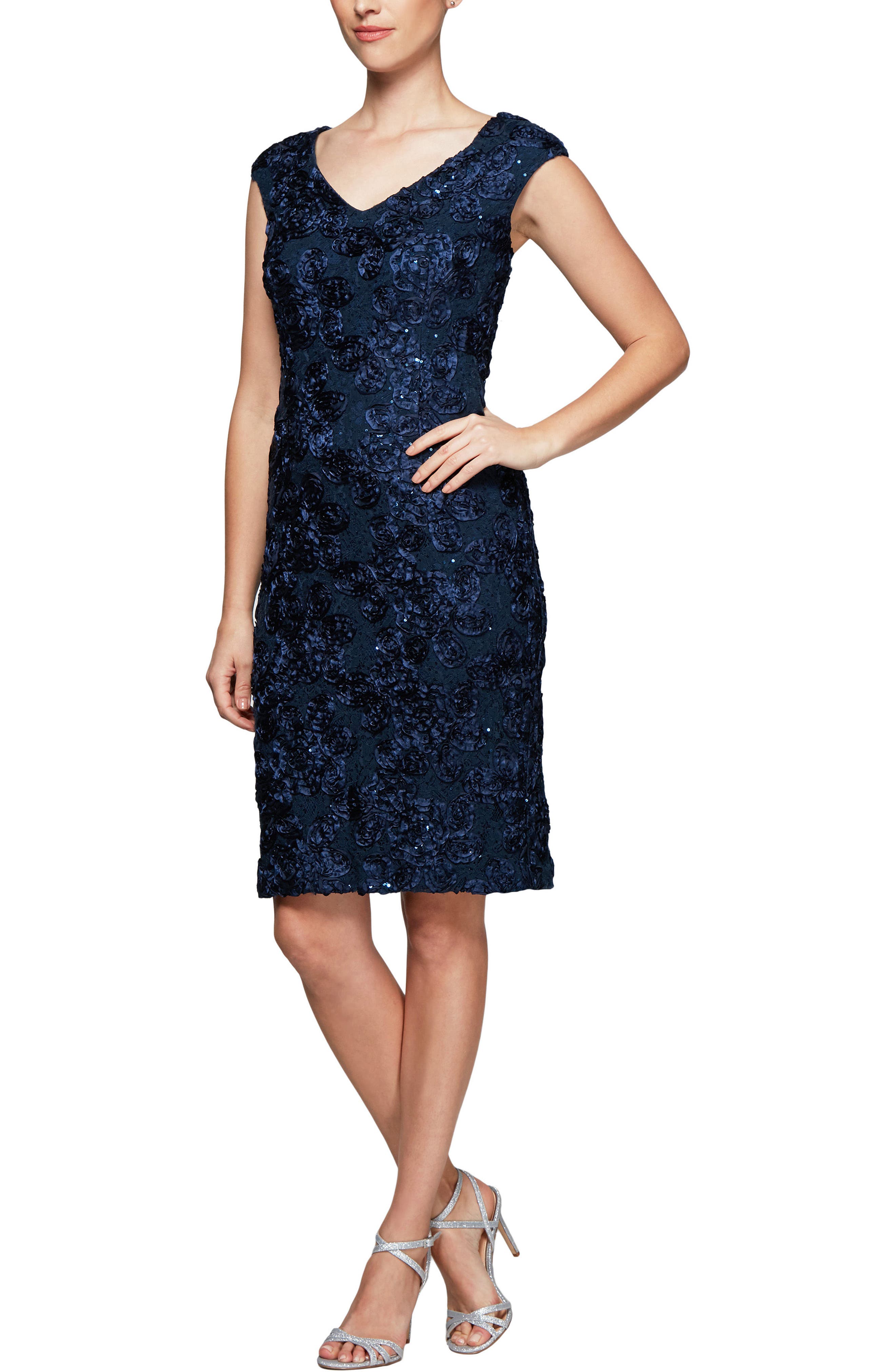 Alex Evening Rosette Sheath Dress, Blue