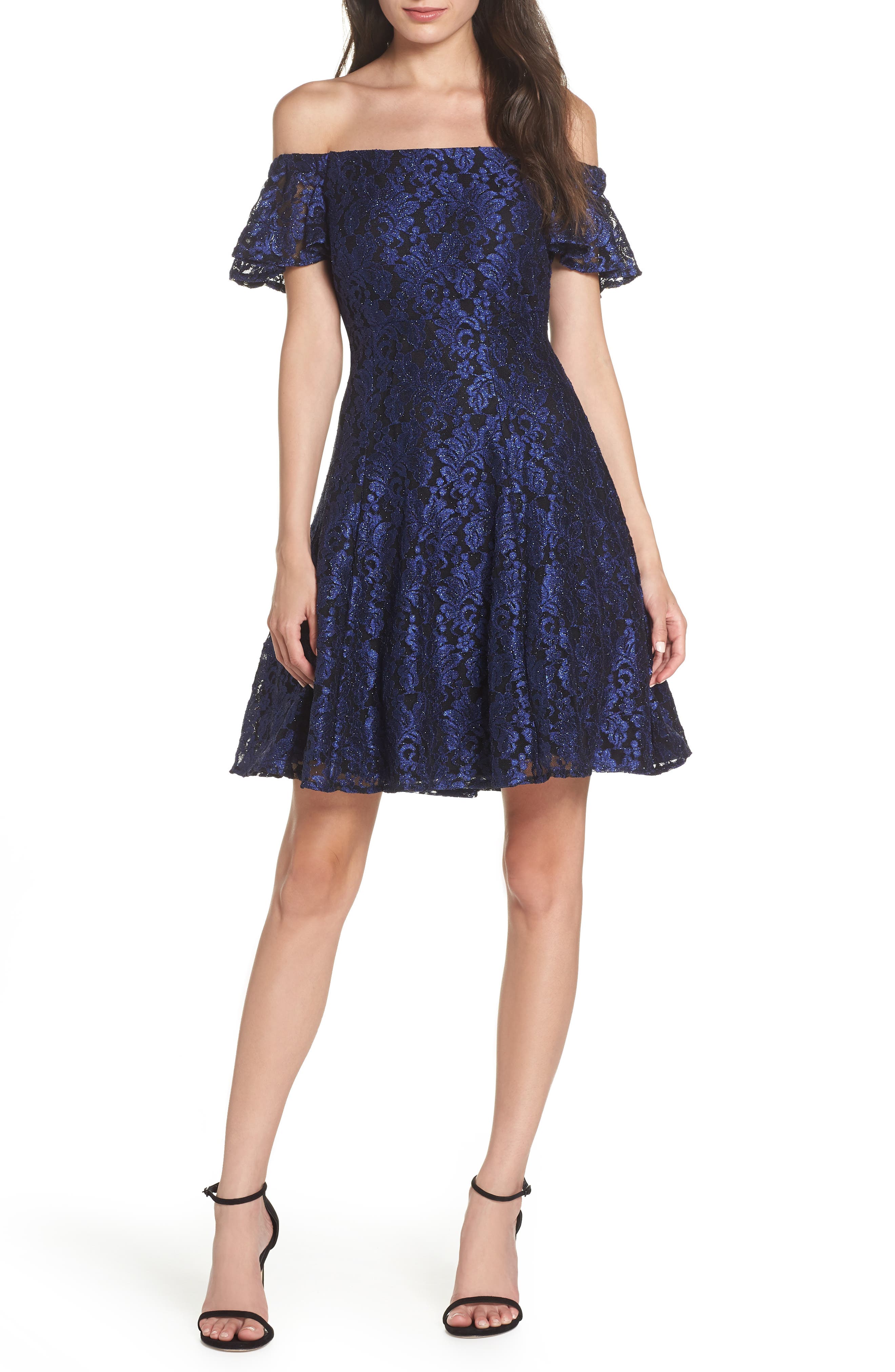 Morgan & Co. Off The Shoulder Lace Dress, Blue