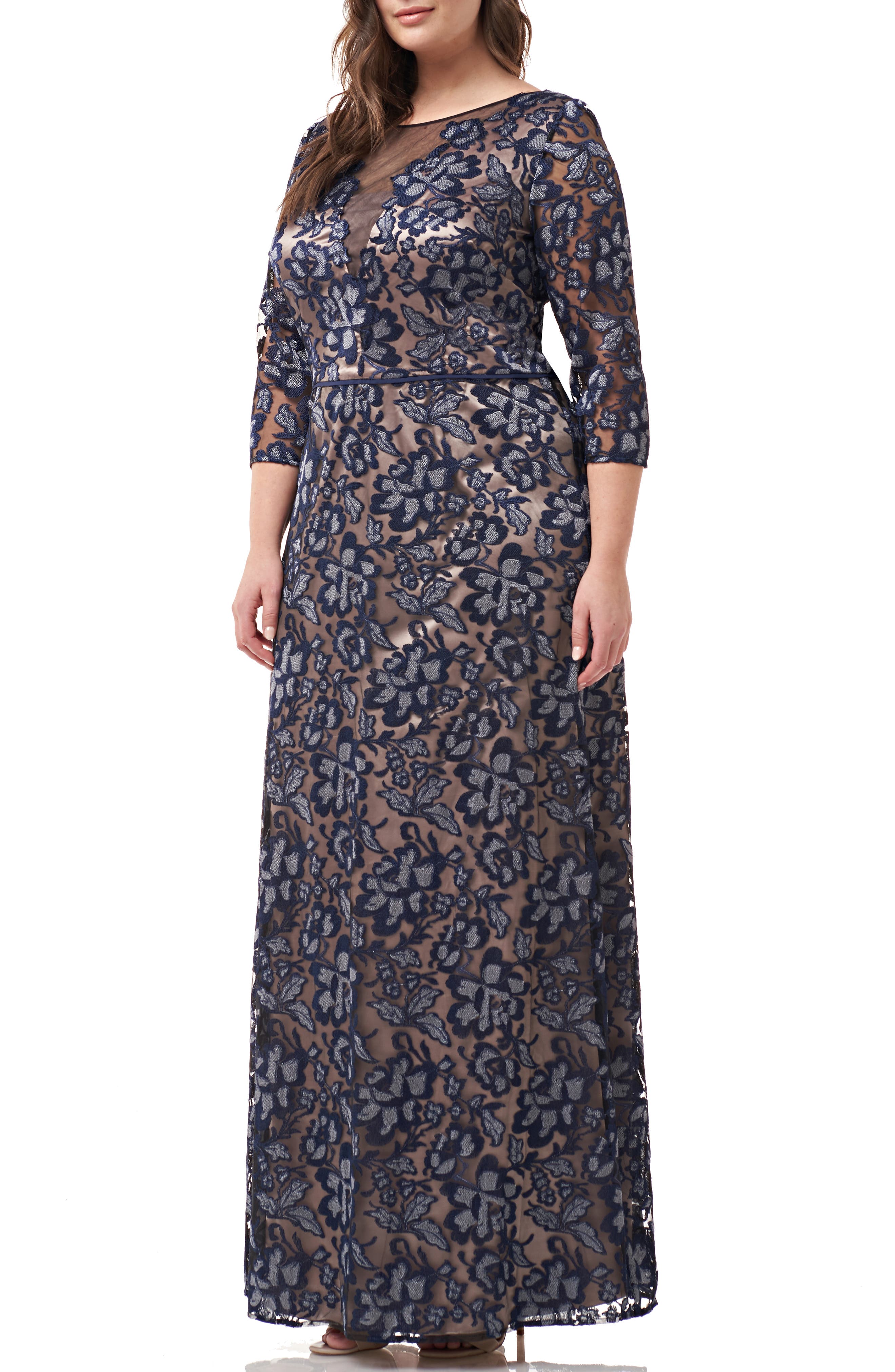 Plus Size Js Collections Floral Embroidered Mesh Gown, Blue