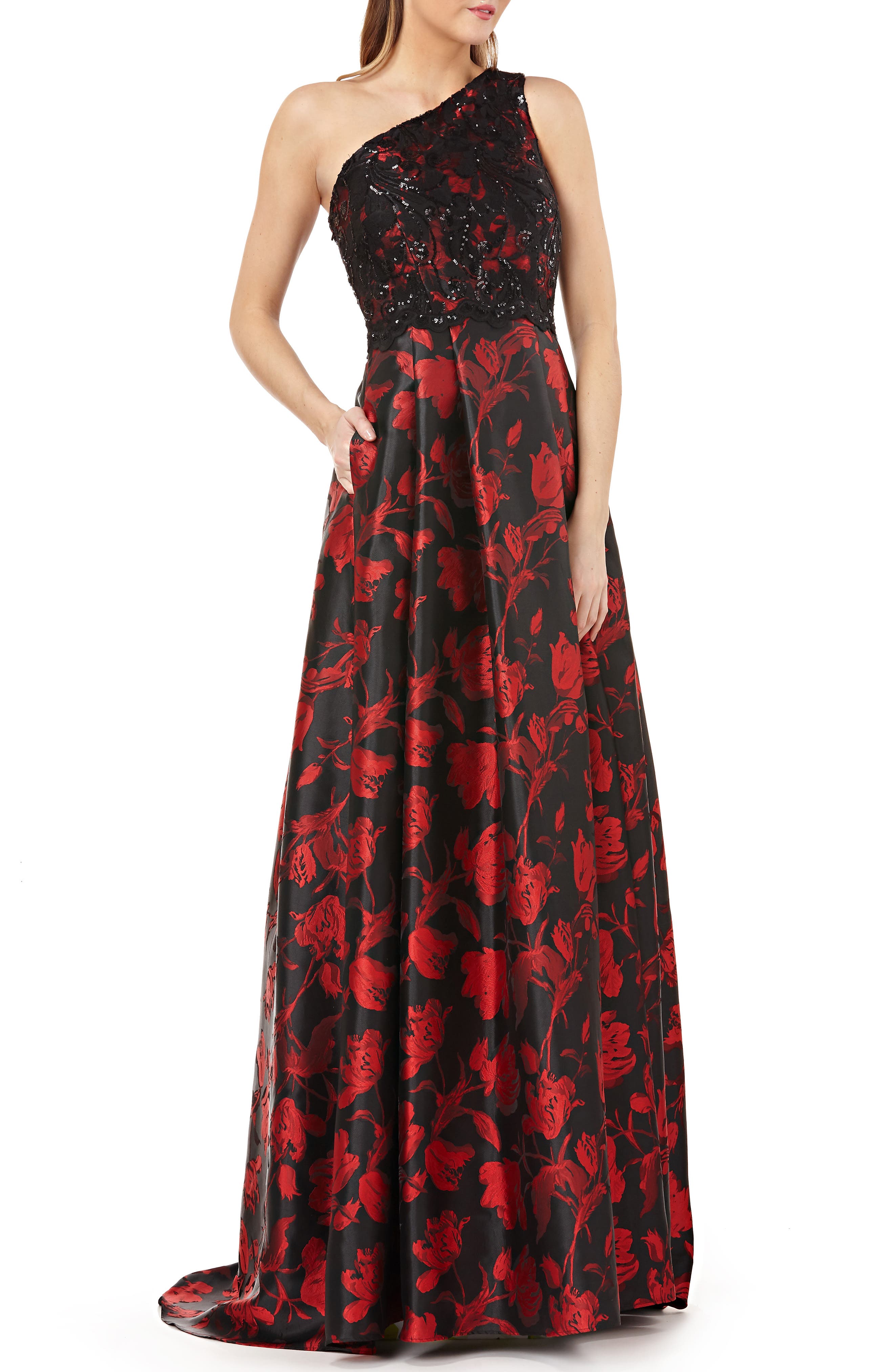Carmen Marc Valvo Infusion One-Shoulder Ballgown, Black