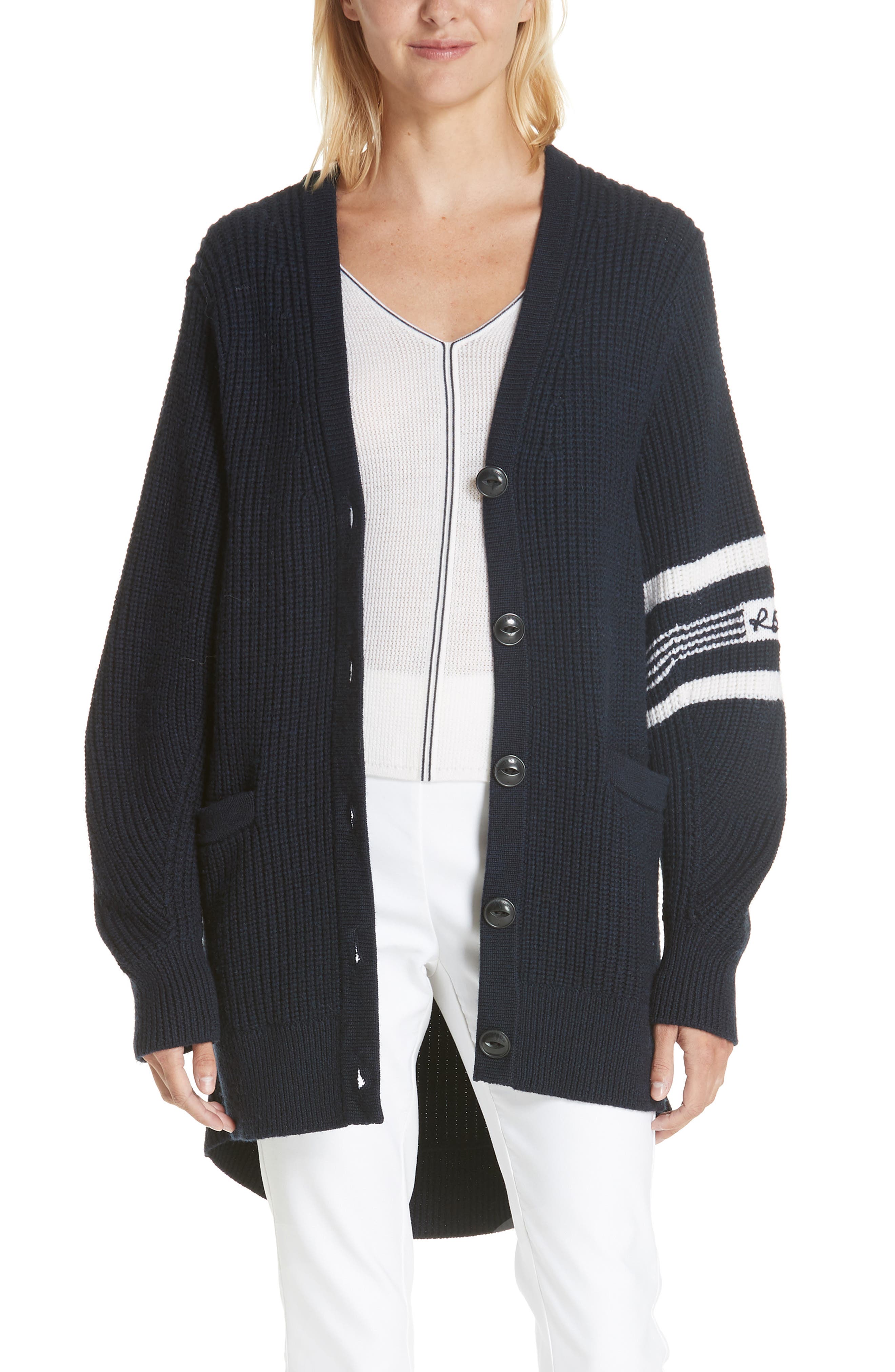 Rag & Bone Addams Varsity Stripe Merino Wool Cardigan, Blue