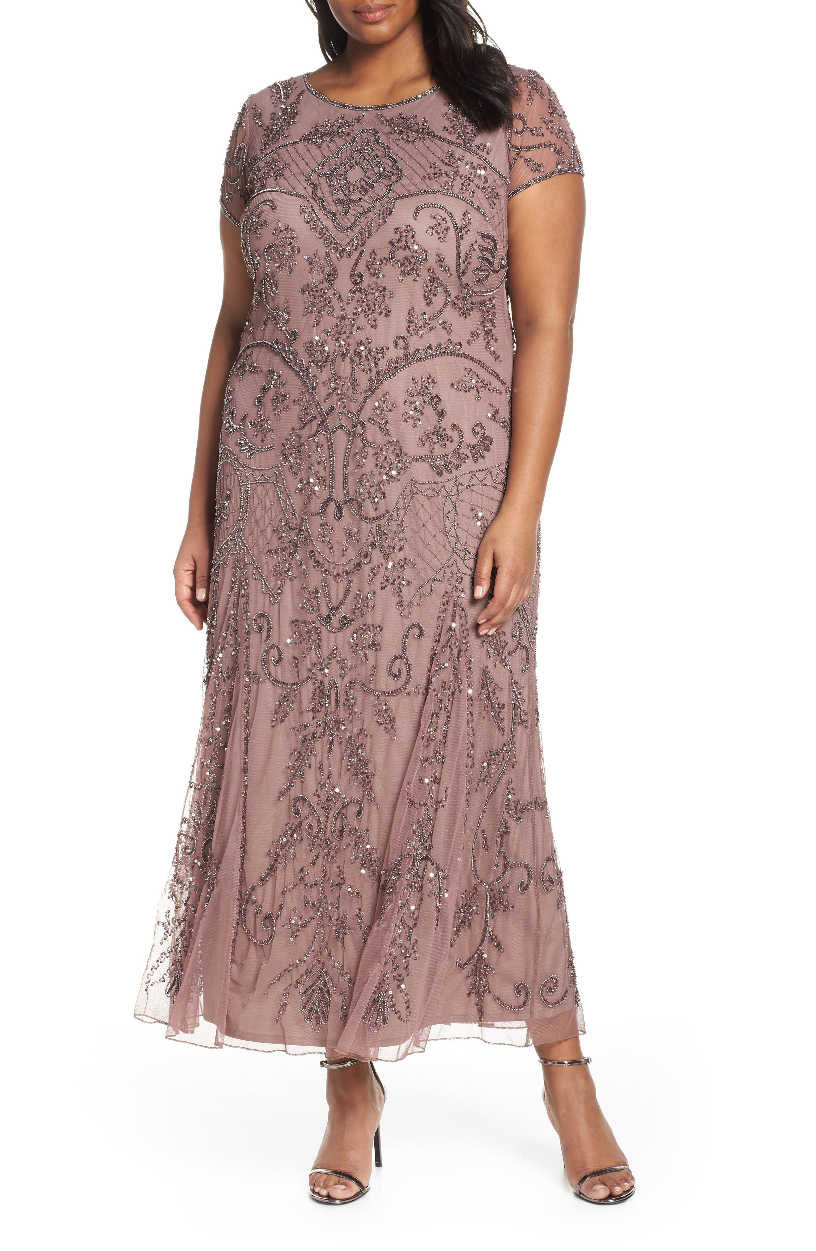 Plus Size Pisarro Nights Beaded Short Sleeve Column Gown, Purple