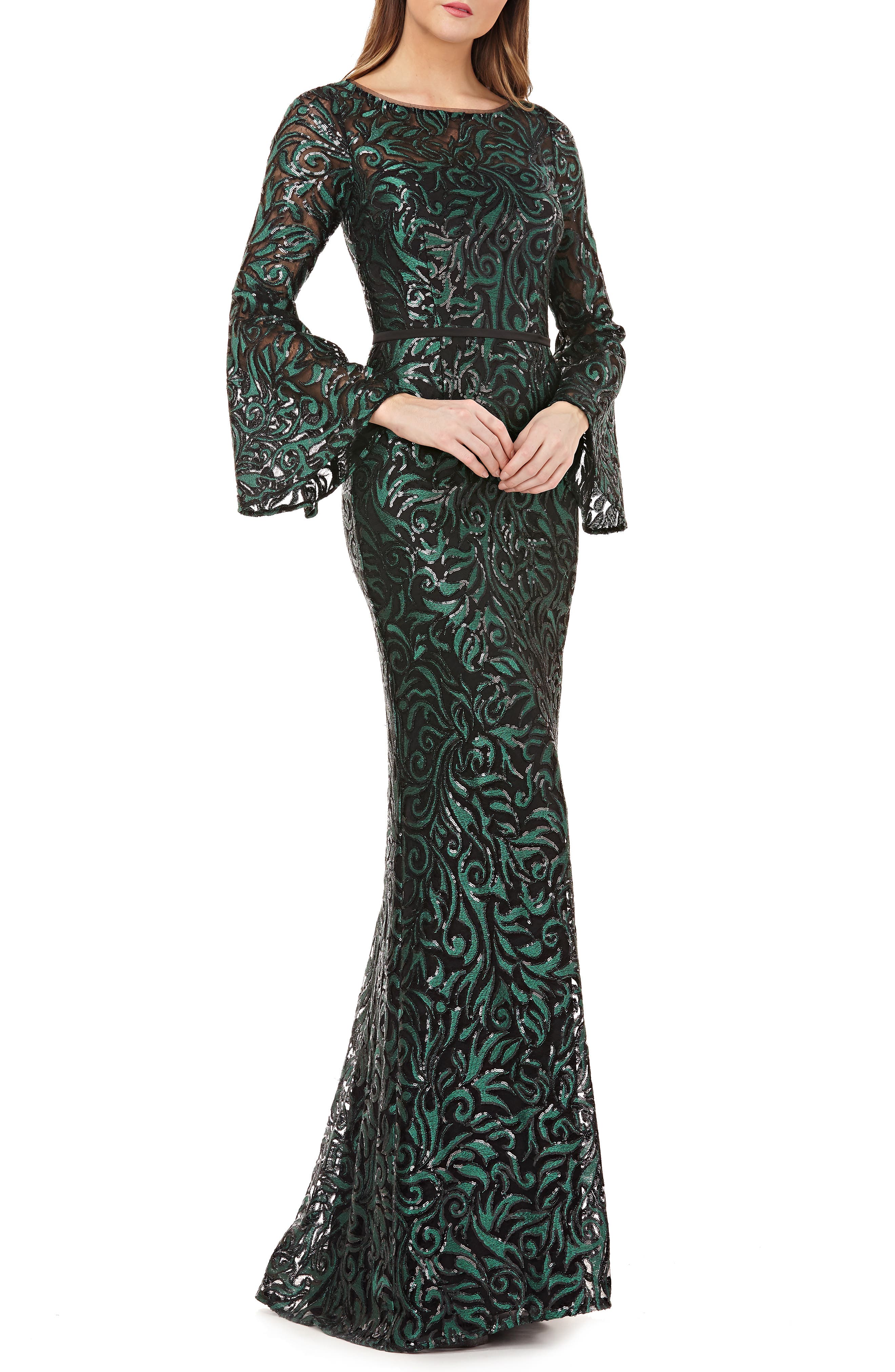 Carmen Marc Valvo Infusion Sequin Embroidered Trumpet Gown, Green
